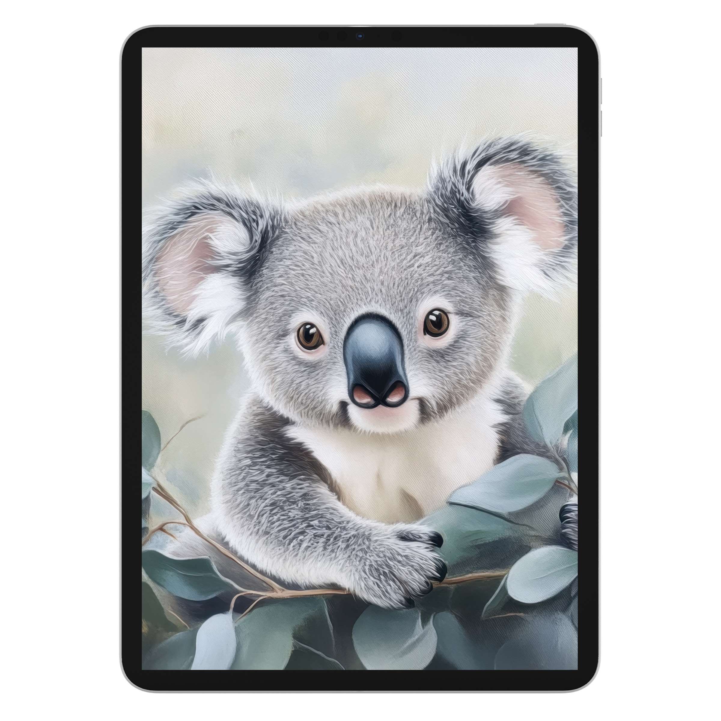 Charming nursery iPad wallpaper of a gentle koala with soft textures, perfect for a calming digital download background on any tablet