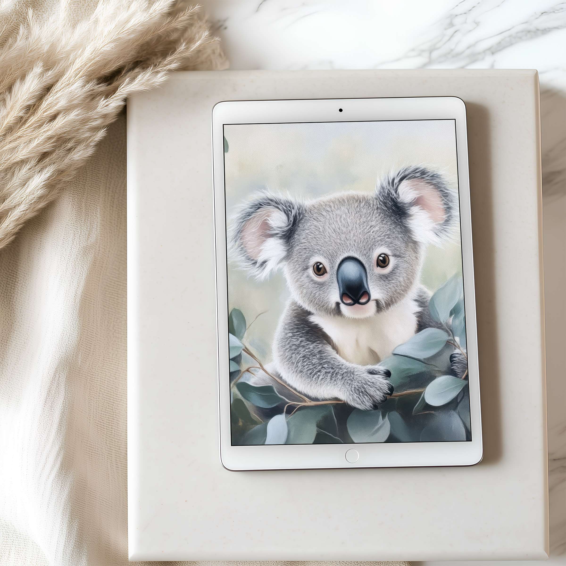 Elegant tablet wallpaper featuring a serene koala in soft pastels, ideal for iPad or Android tablets, enhancing tranquility and style
