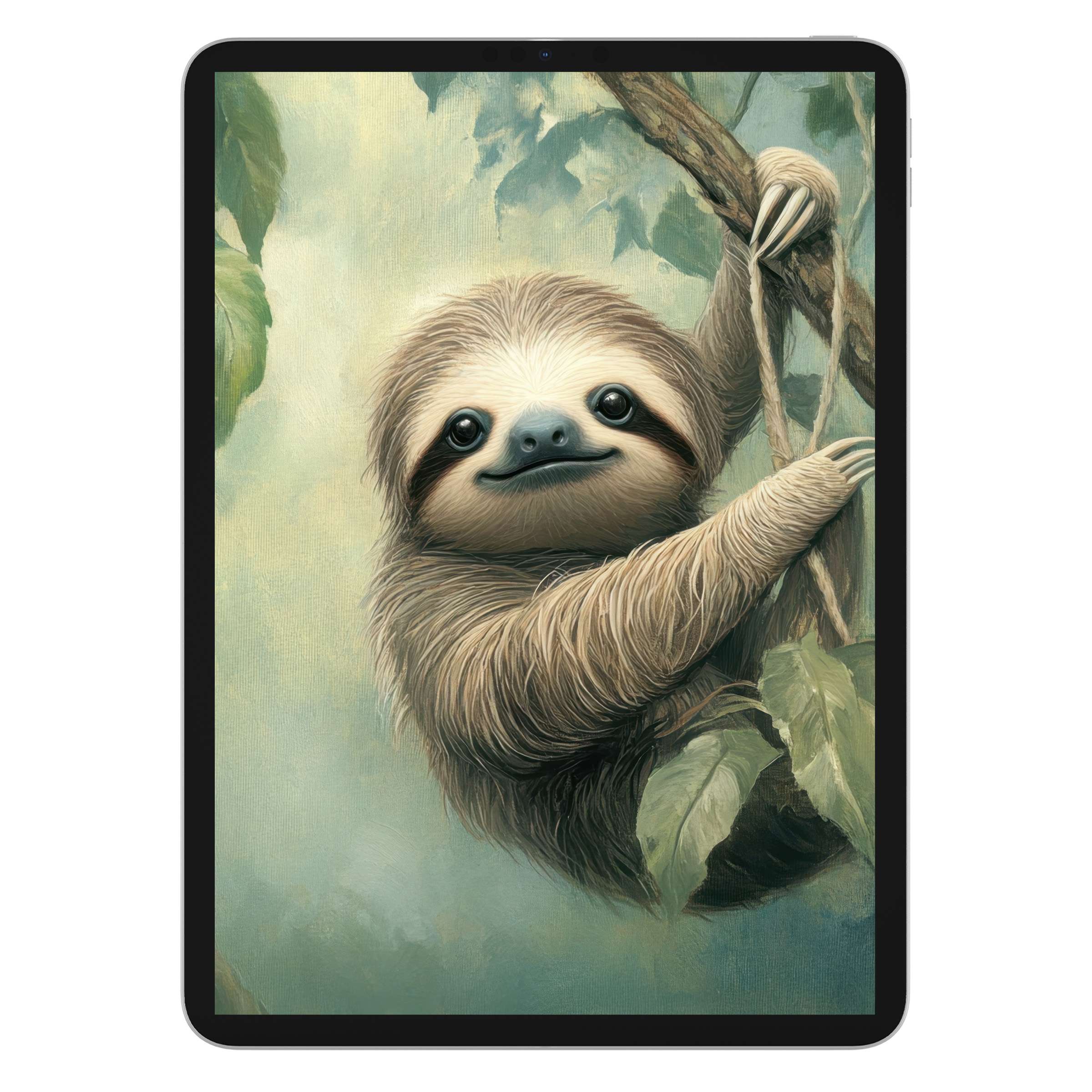 Charming sloth art on nursery iPad wallpaper, perfect for a serene tablet background digital download and calming aesthetic touch
