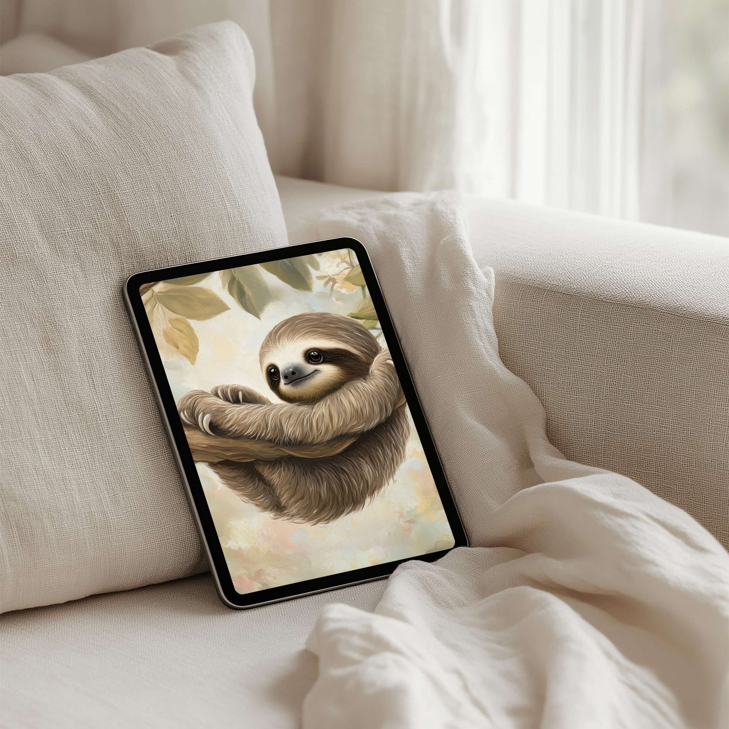 Charming sloth art iPad background exudes calm on a soft beige sofa offering instant download for tablet elegance and mindfulness