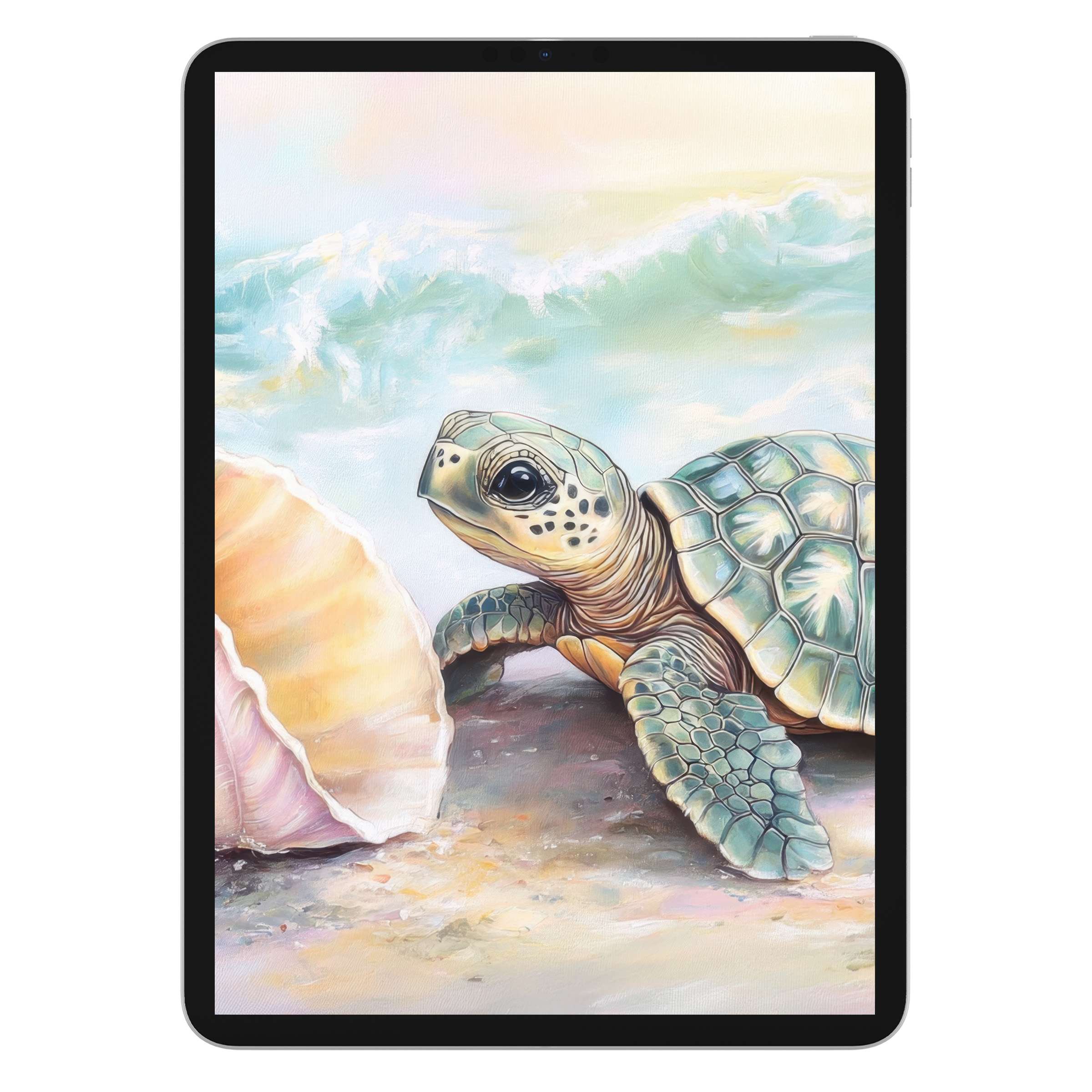 Calming nursery iPad wallpaper with a serene sea turtle and shell design, perfect digital download for tablet backgrounds and decor