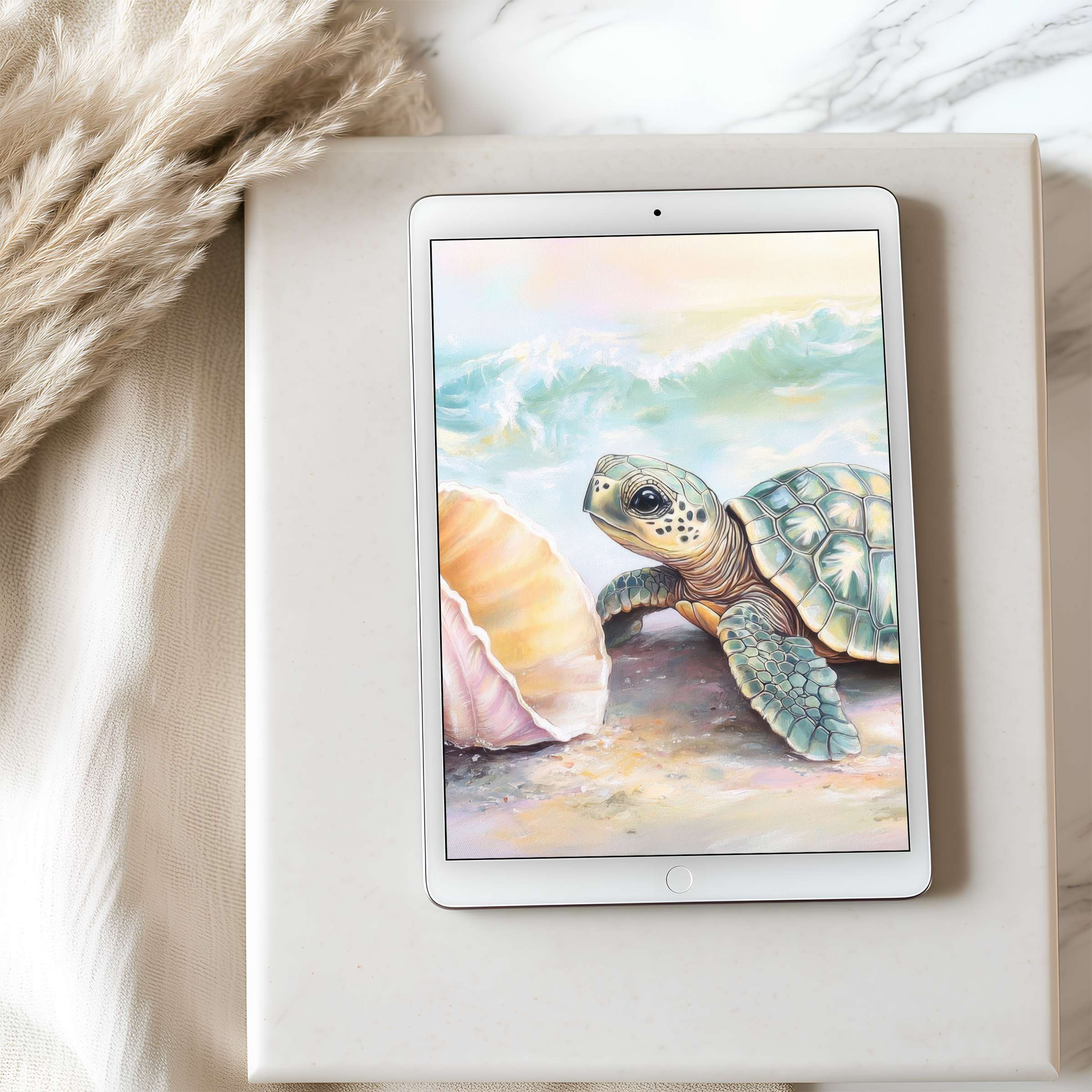 Elegant tablet wallpaper featuring a gentle sea turtle and shell against tranquil waves, perfect for high-resolution iPad downloads