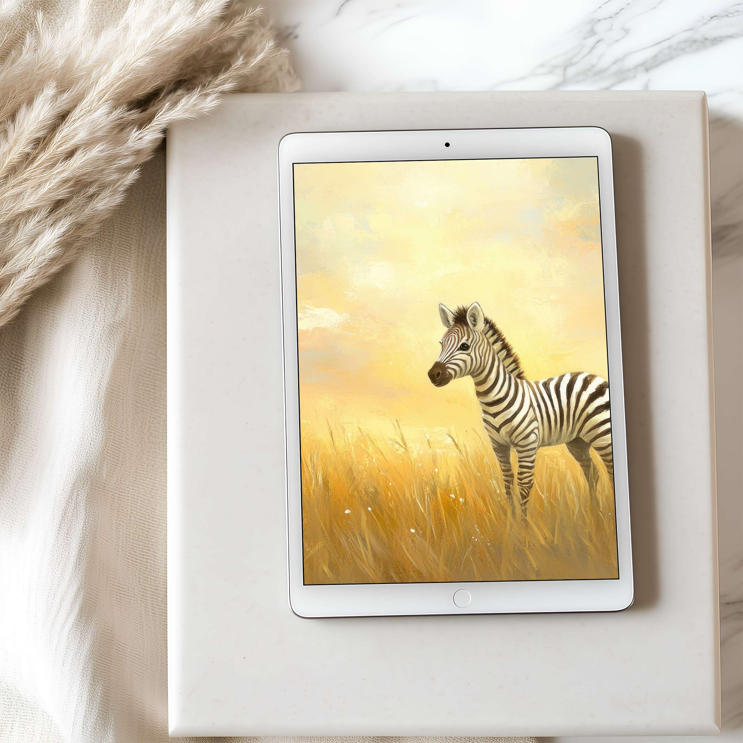 Elegant zebra in golden grassland creates a serene tablet wallpaper for iPad, enhancing interiors with high-resolution digital art