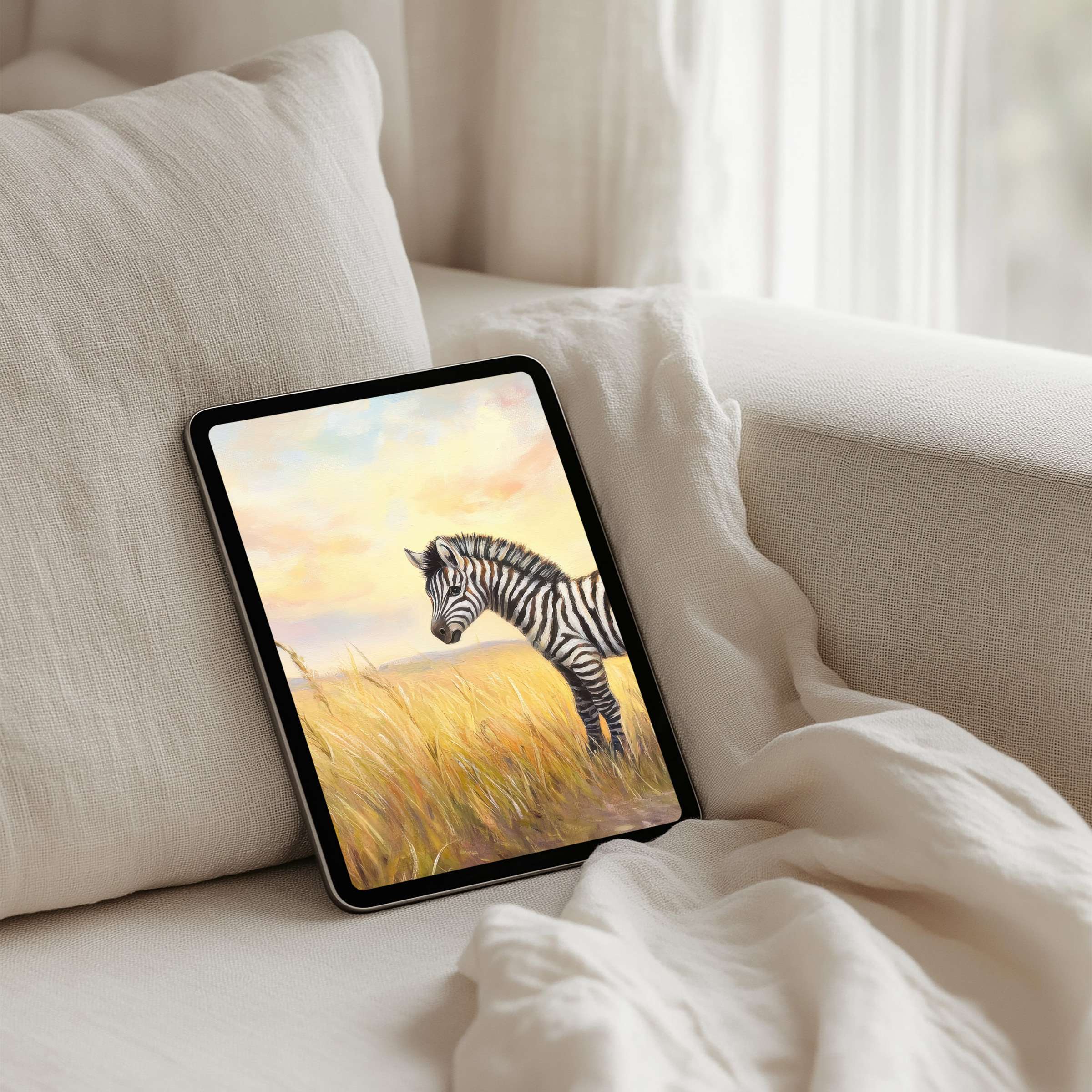 Calming zebra art iPad background on soft fabric captures elegance and inspiration for tablet users seeking instant download serenity