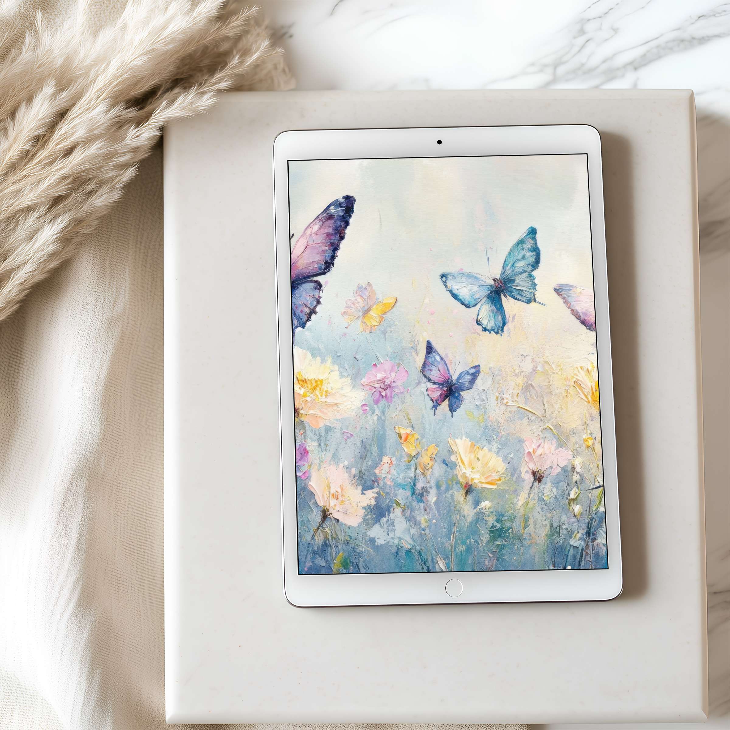 Elegant watercolor butterflies and wildflowers create a serene tablet wallpaper, perfect for high-resolution iPad downloads, inspiring tranquility