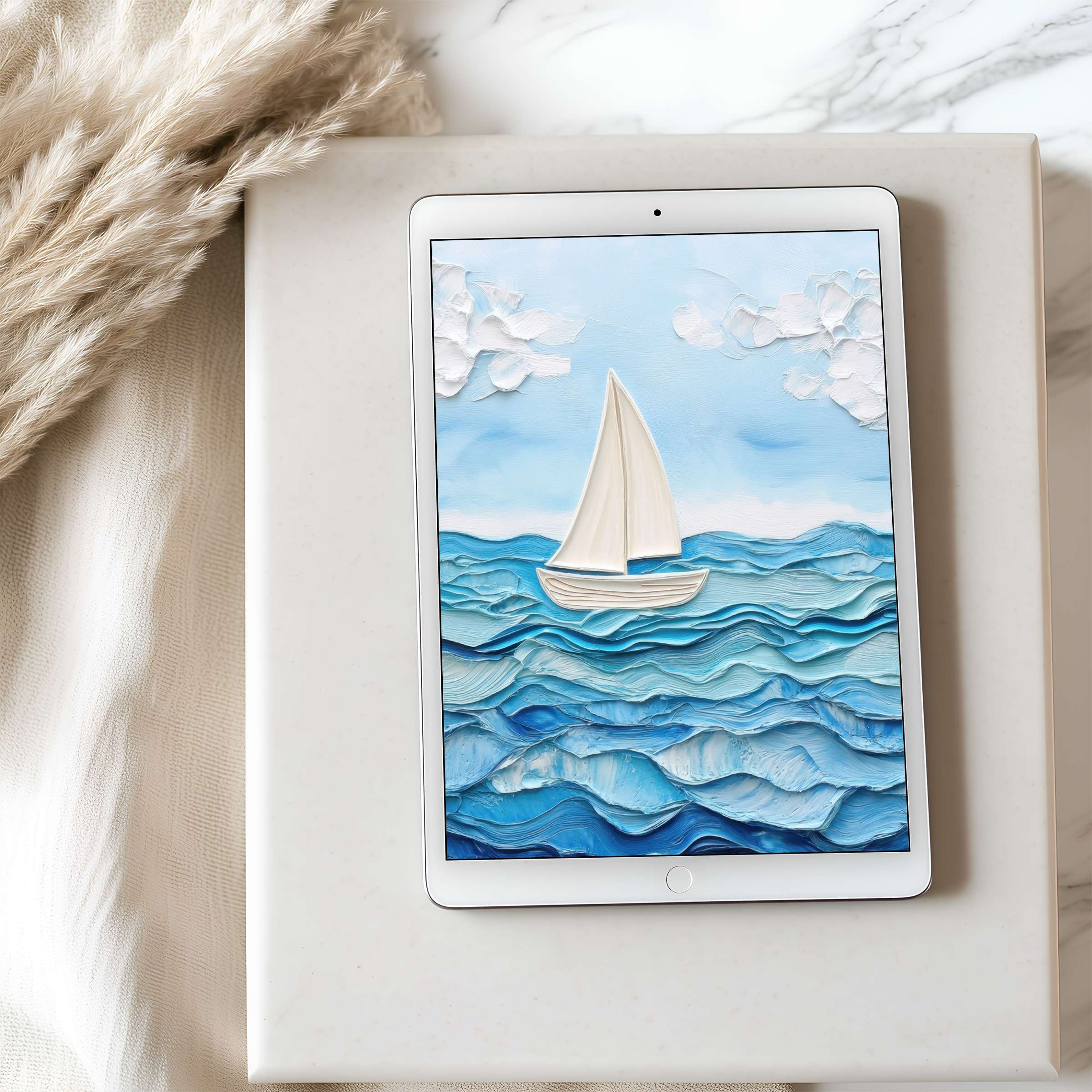 Elegant tablet wallpaper featuring a serene sailboat in blue ocean waves suitable for iPad high resolution digital download