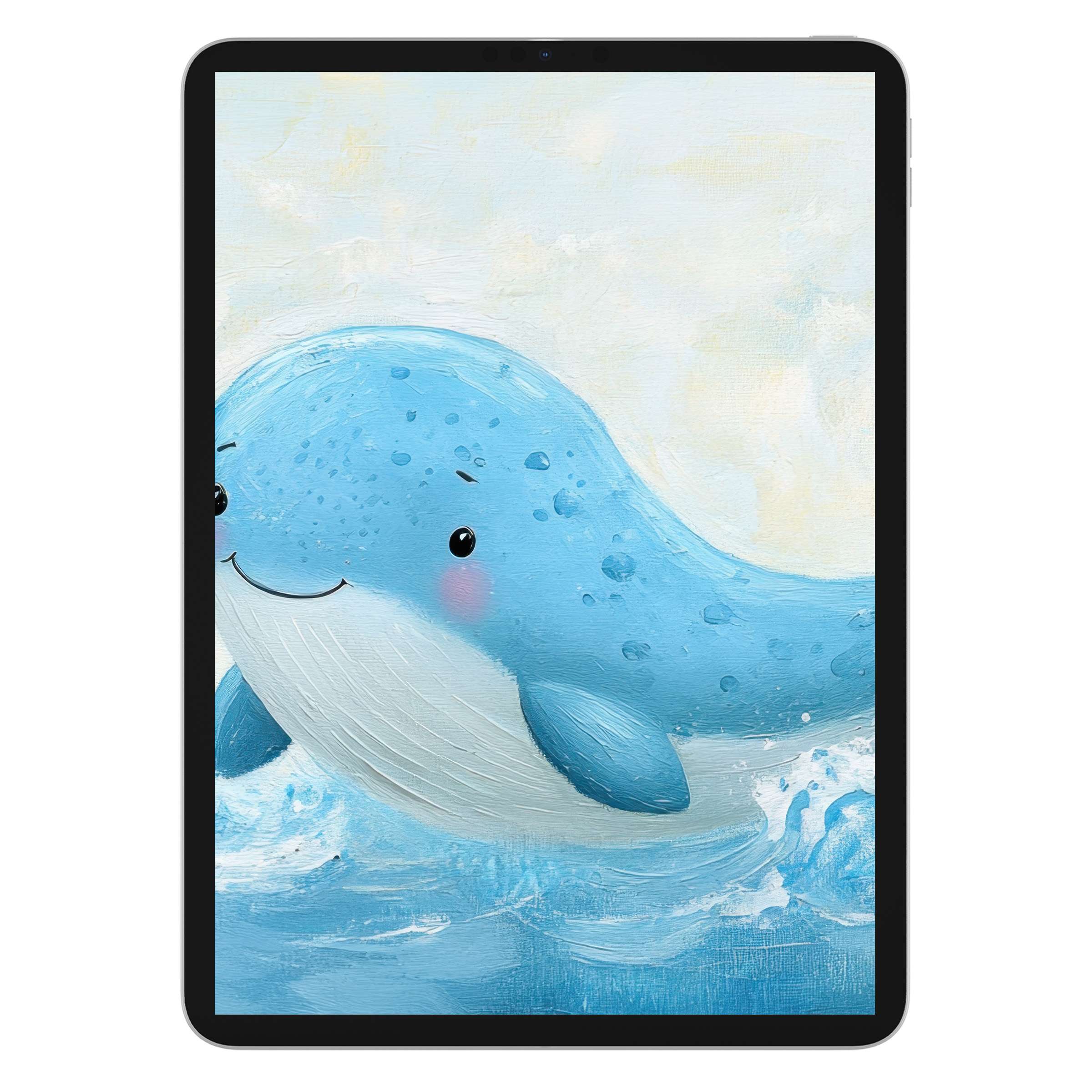 Charming nursery iPad wallpaper featuring a joyful blue whale in calm waves perfect digital download for tablet backgrounds
