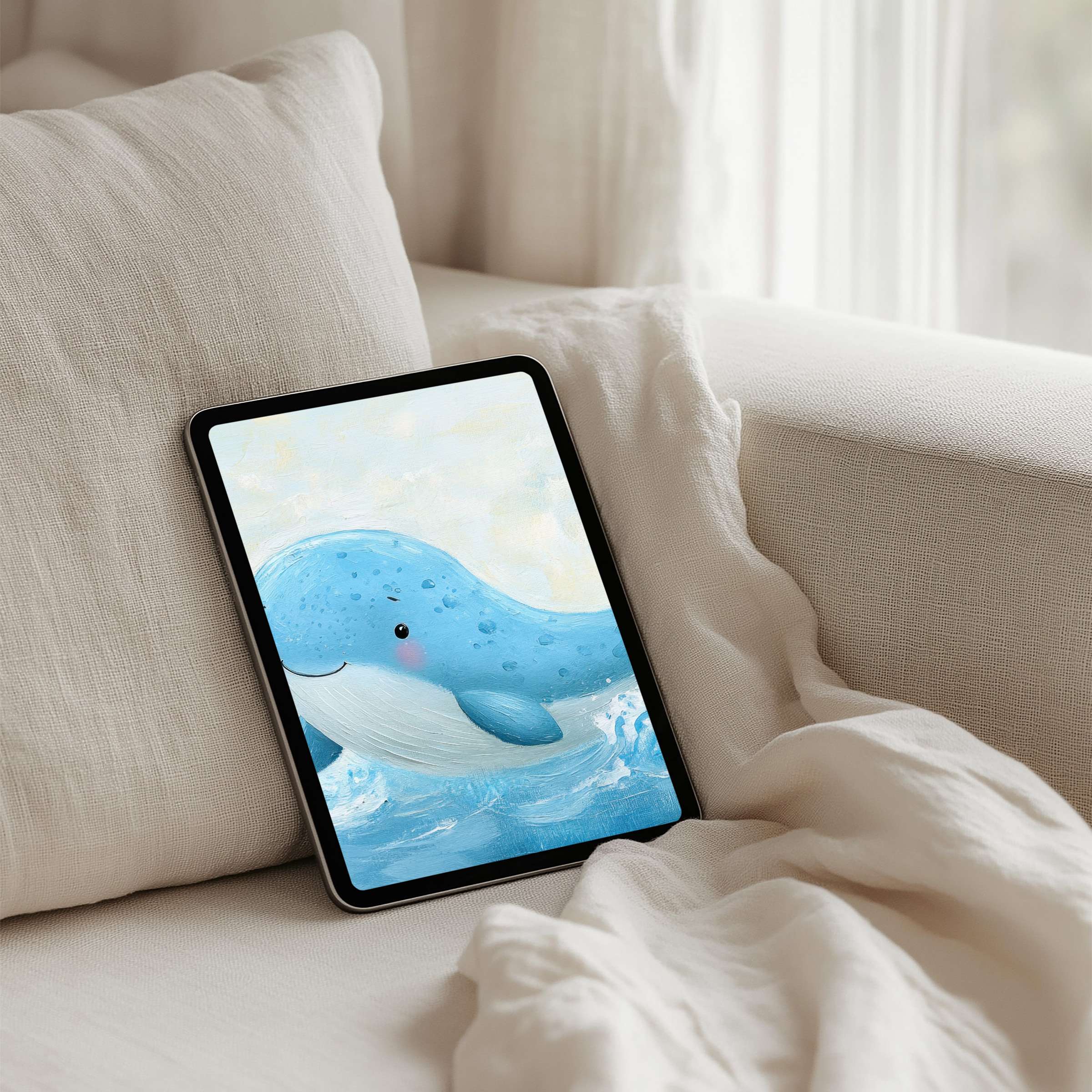Serene blue whale illustration for an iPad background, perfect for instant download to enhance any tablet with calm elegance and inspiration