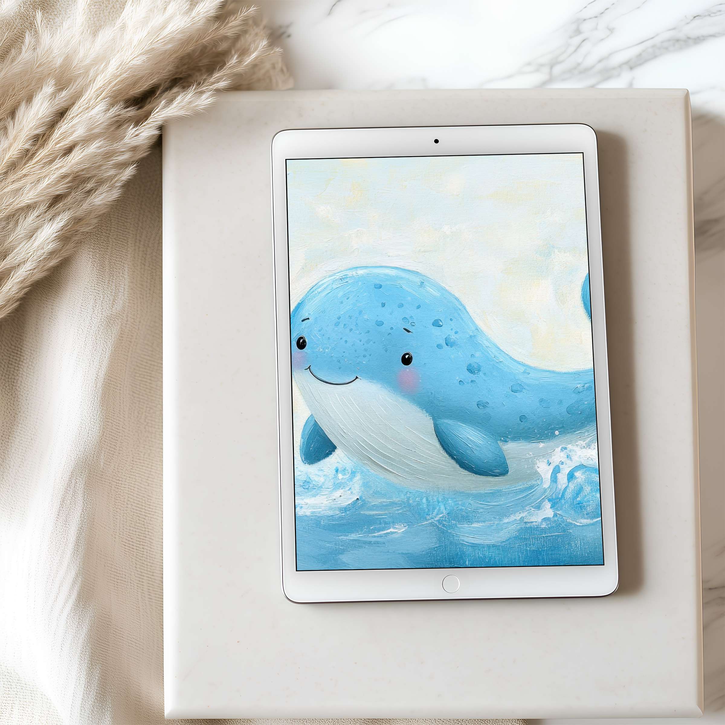 Charming whale tablet wallpaper in soft blues on an iPad evokes serenity and elegance ideal for digital download on Android tablets too