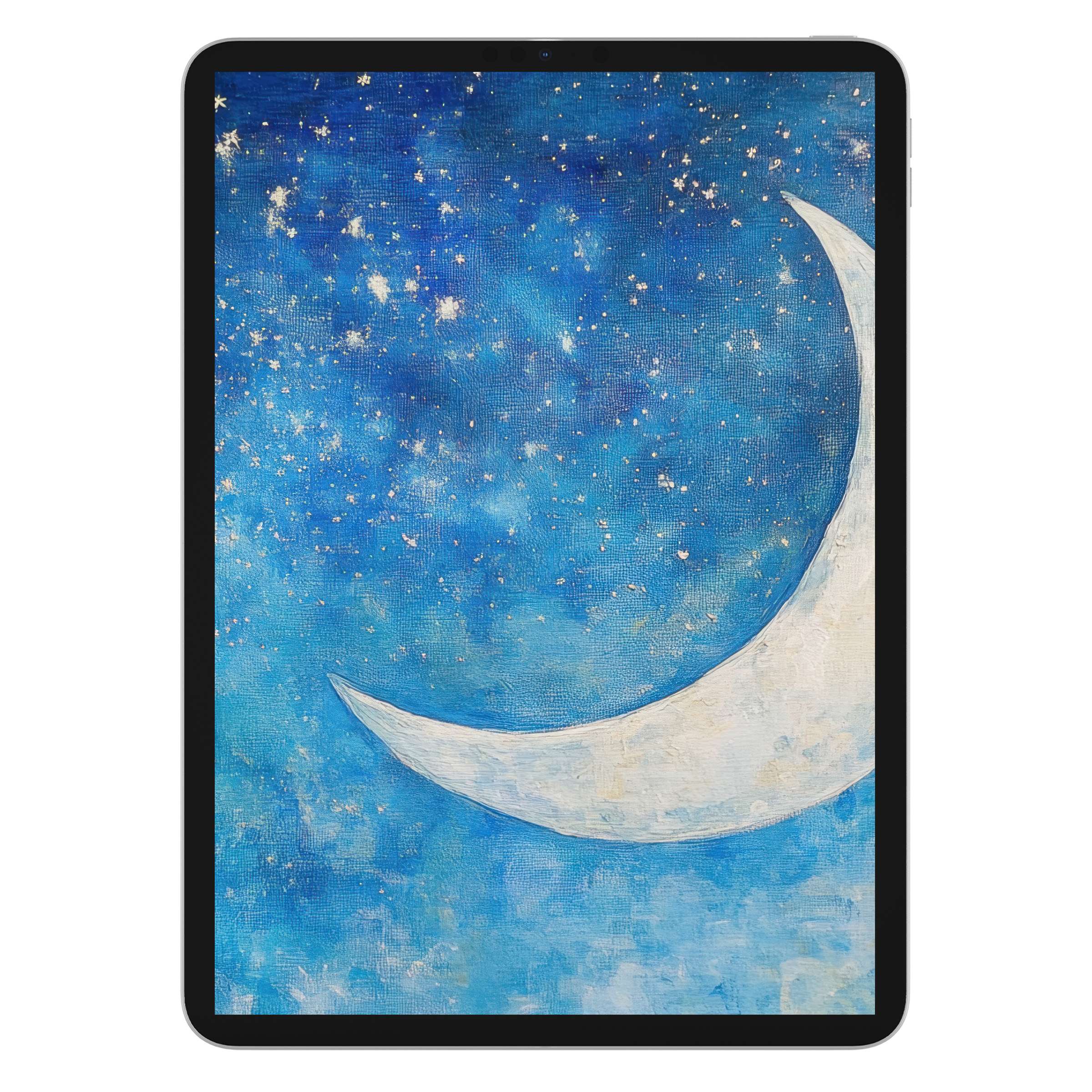 Starry night nursery iPad wallpaper with crescent moon evokes serenity; digital download for elegant tablet background design