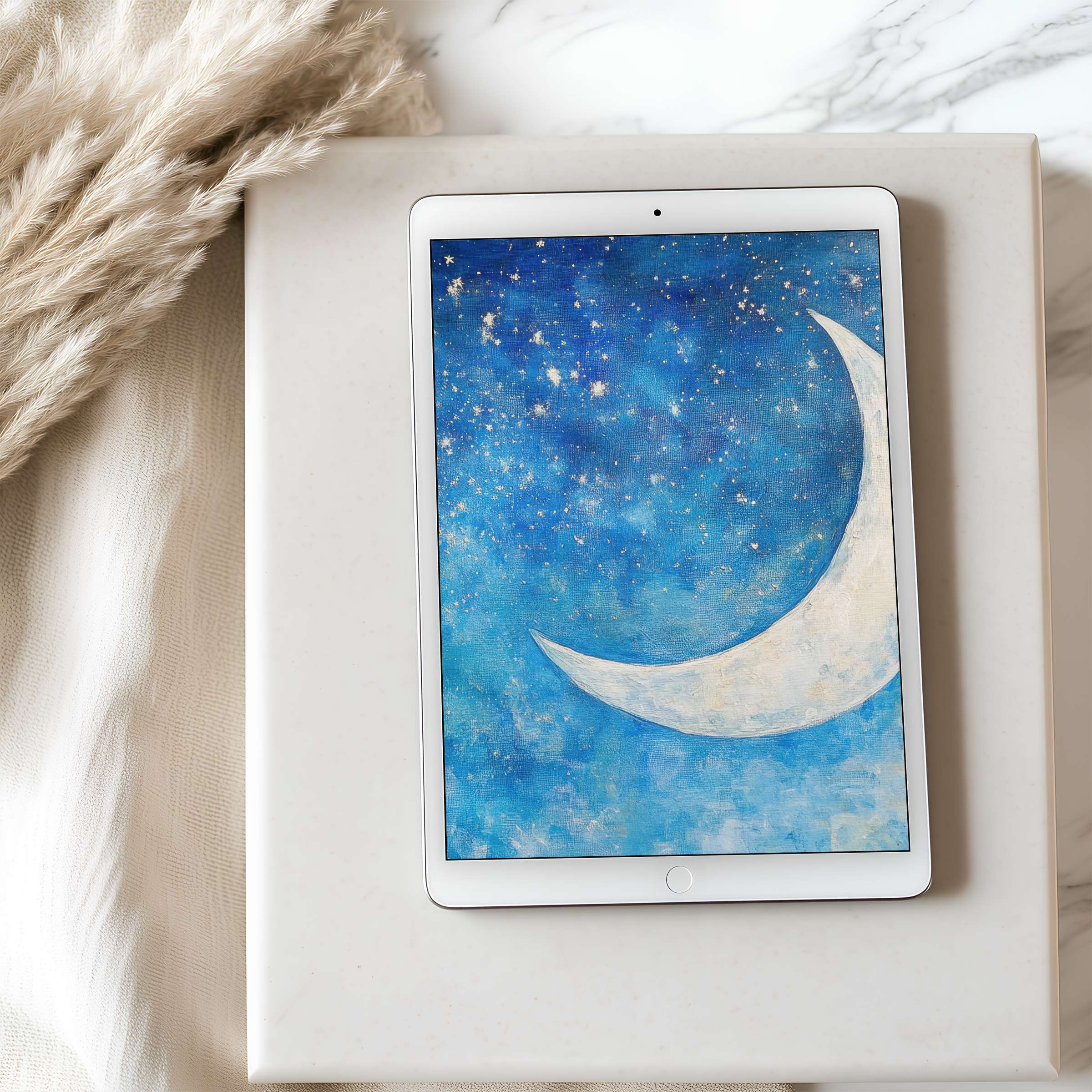 Elegant crescent moon tablet wallpaper in high resolution enhances your iPad with a calming celestial motif, ideal for digital download