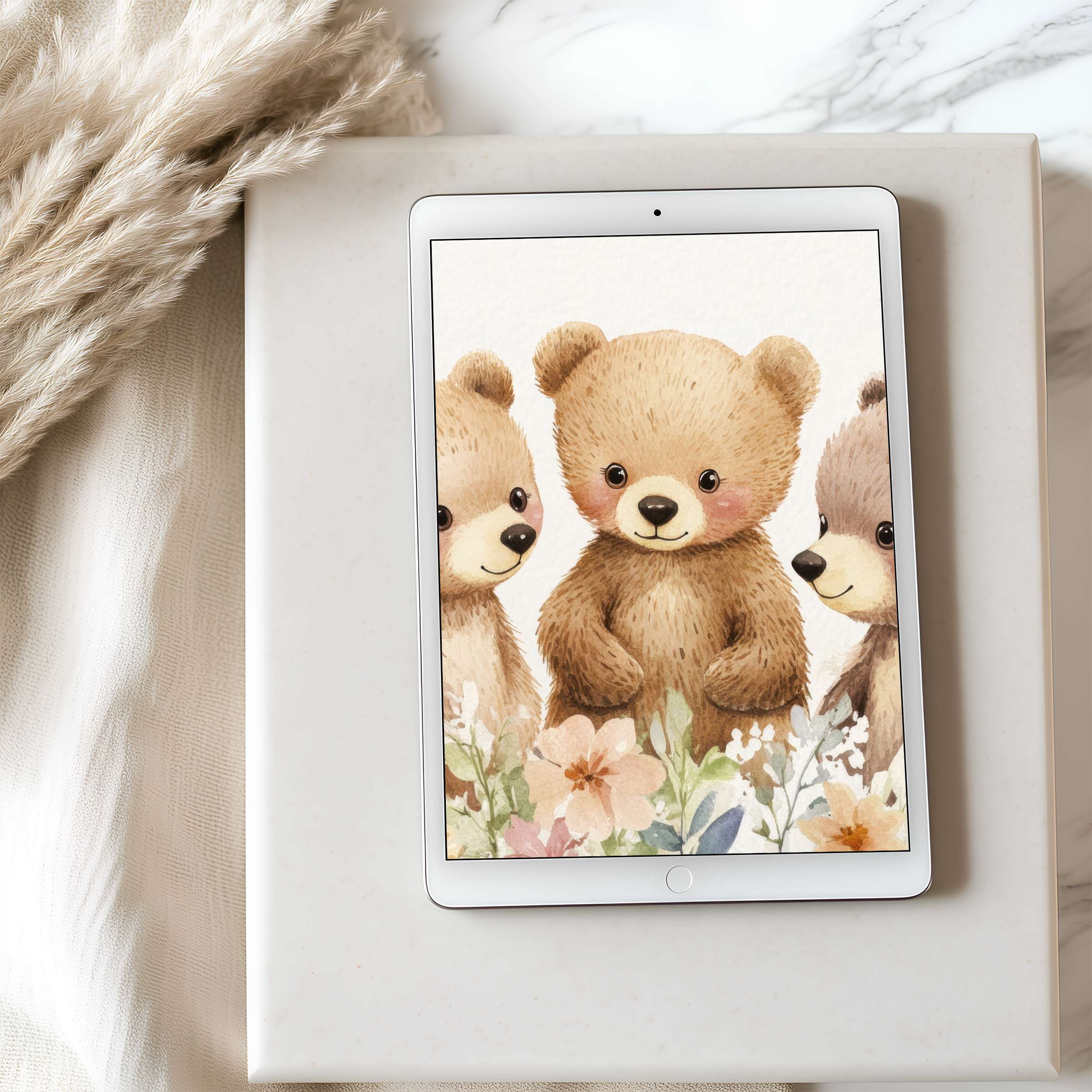 Charming watercolor teddy bears and floral motif adorn this tablet wallpaper, offering a tranquil, high-resolution digital download