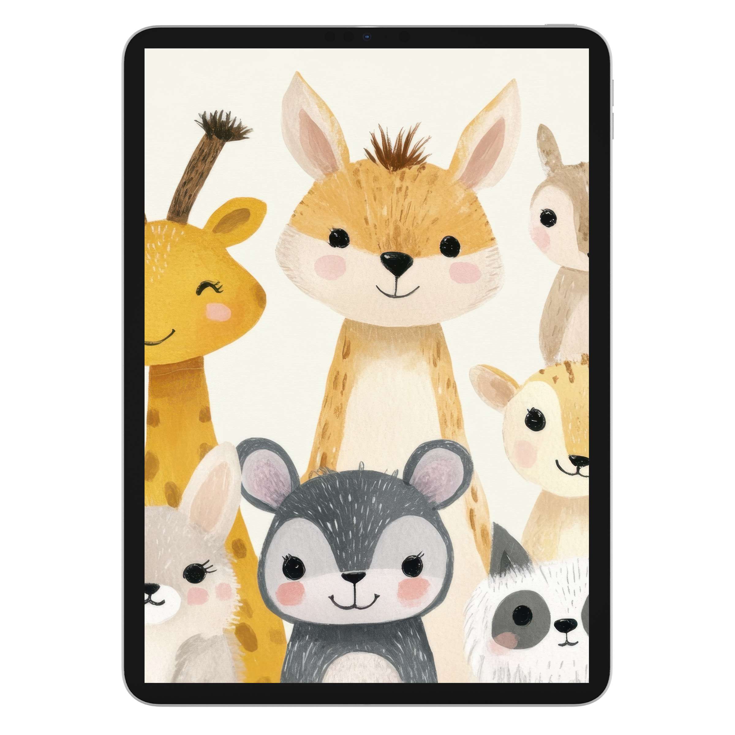Adorable animals create a whimsical nursery iPad wallpaper, perfect as a digital download background for any tablet screen