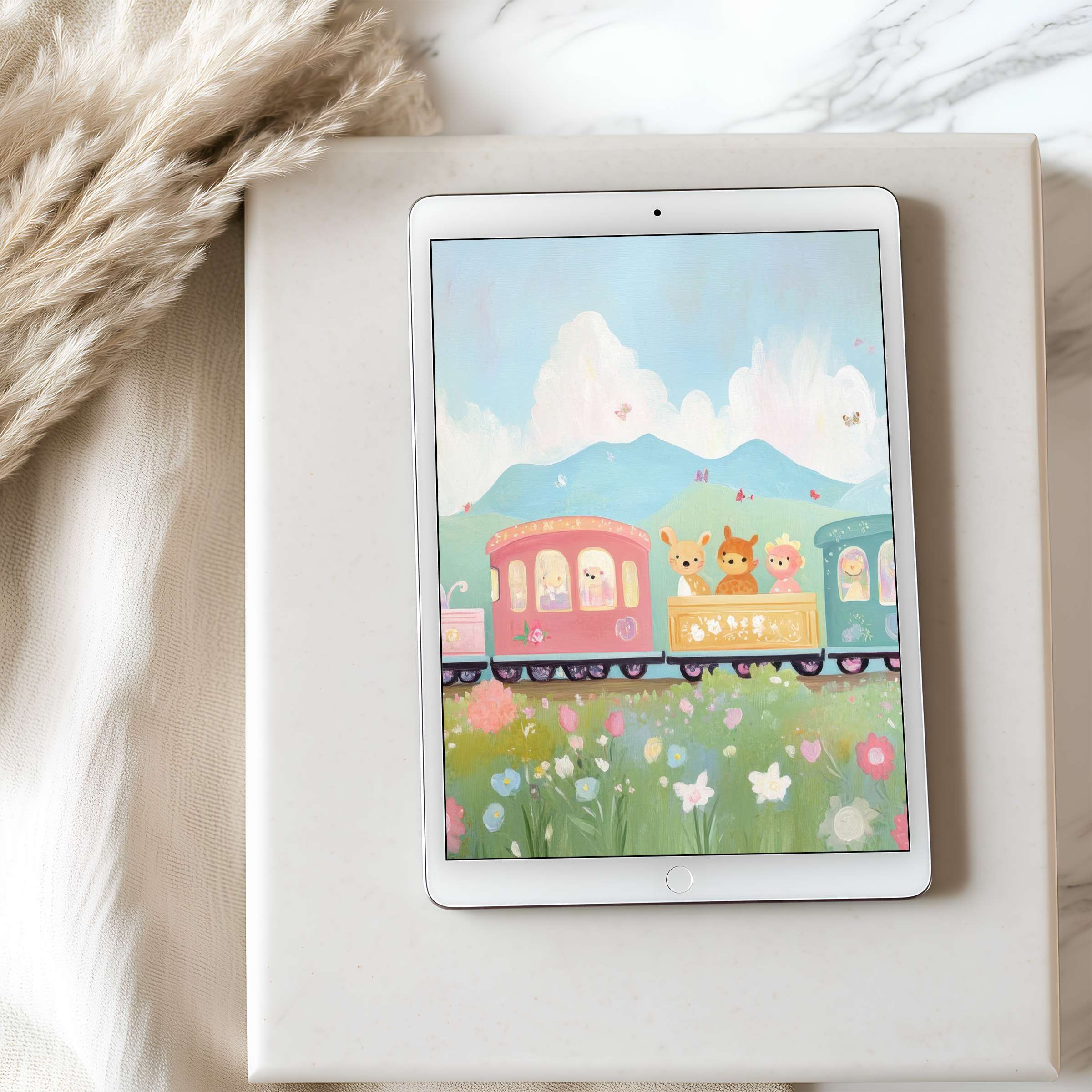 Enchanting tablet wallpaper in high resolution featuring whimsical animals on a pastel train amidst serene mountains and blooming flowers