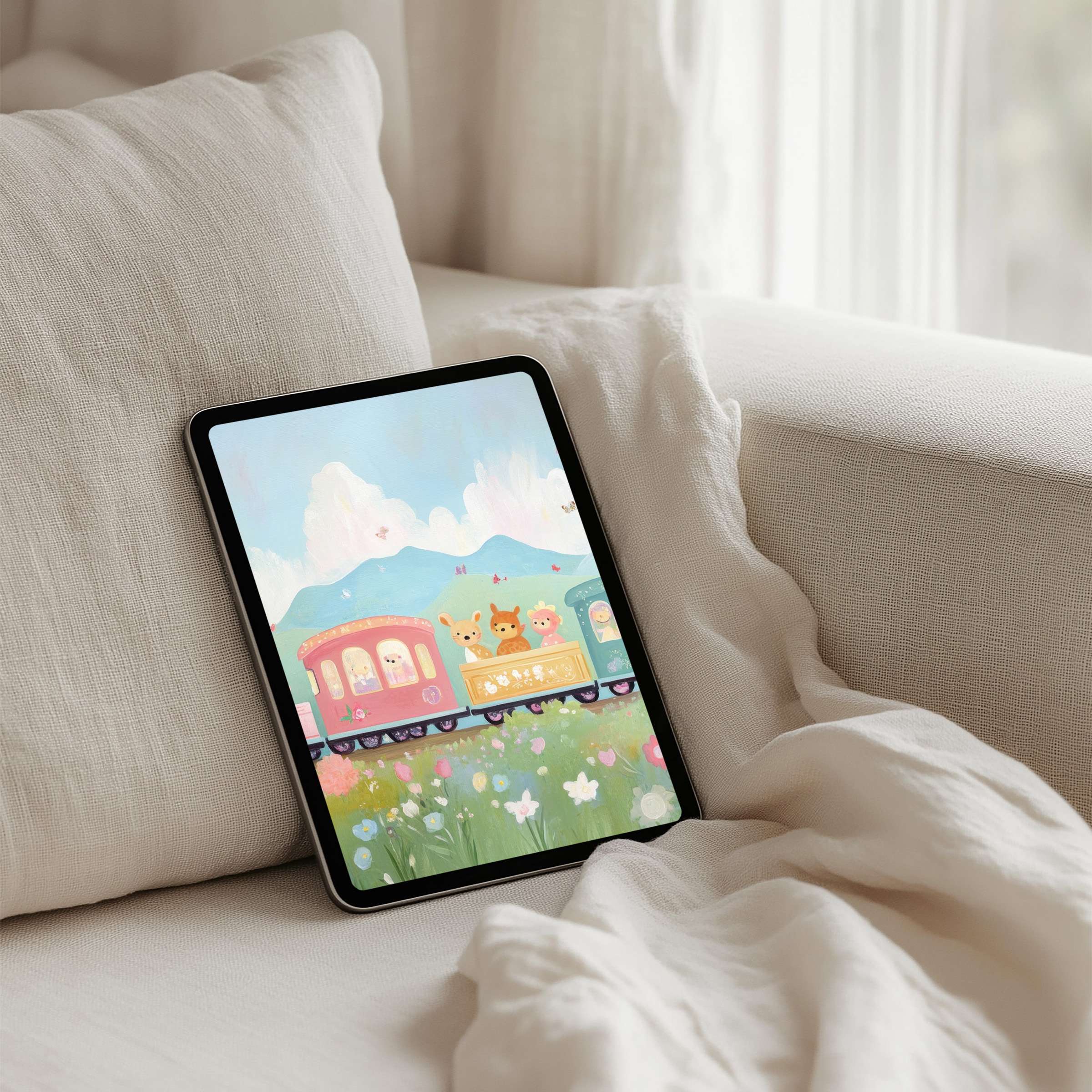 Dreamy pastel train scene as an iPad background brings calm elegance to any tablet with instant download for mindful inspiration