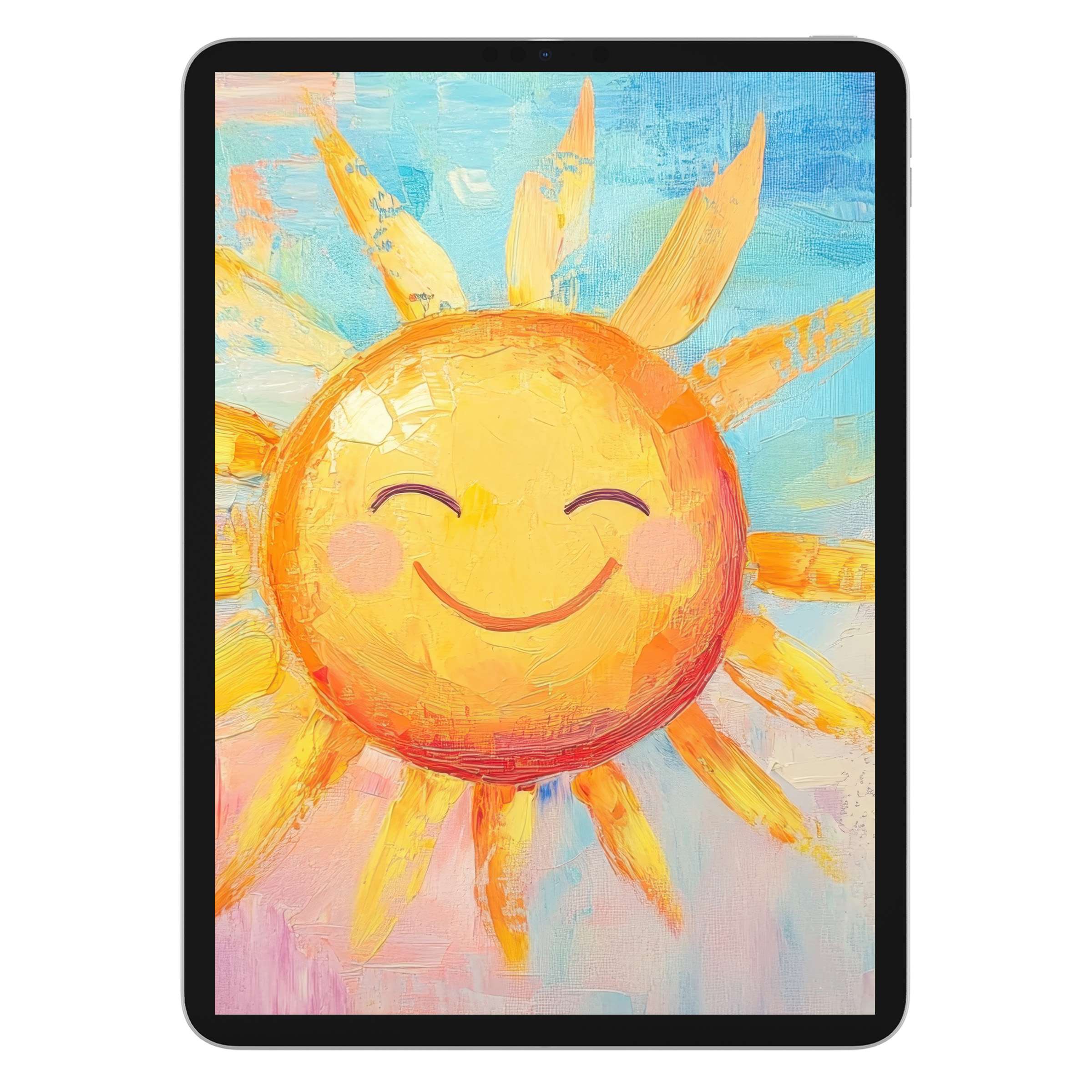 Cheerful nursery iPad wallpaper with smiling sun in vibrant pastel colors, ideal digital download for soothing tablet background