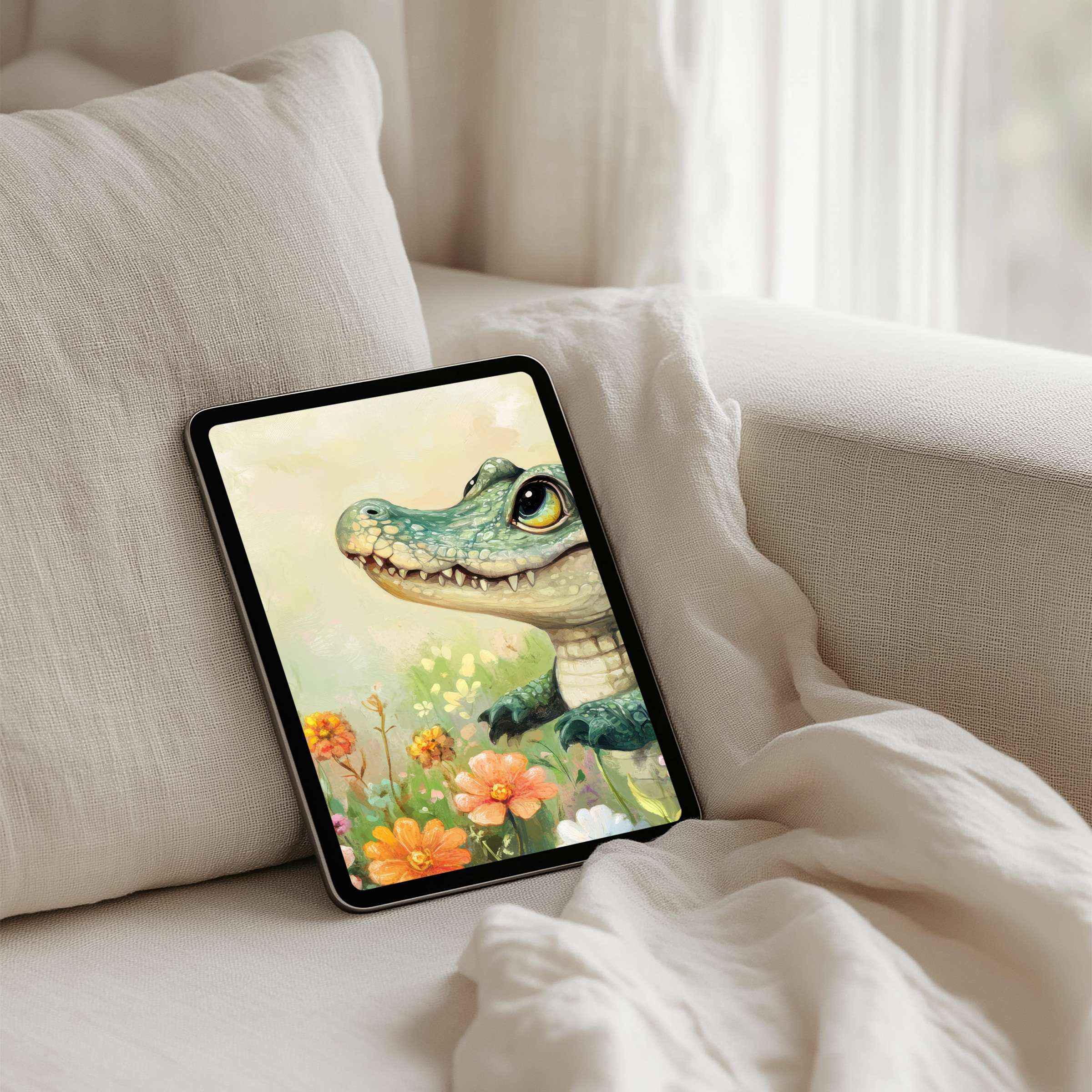 Serene watercolor alligator art iPad background for tablet with floral accents inspires calm elegance with instant download delight