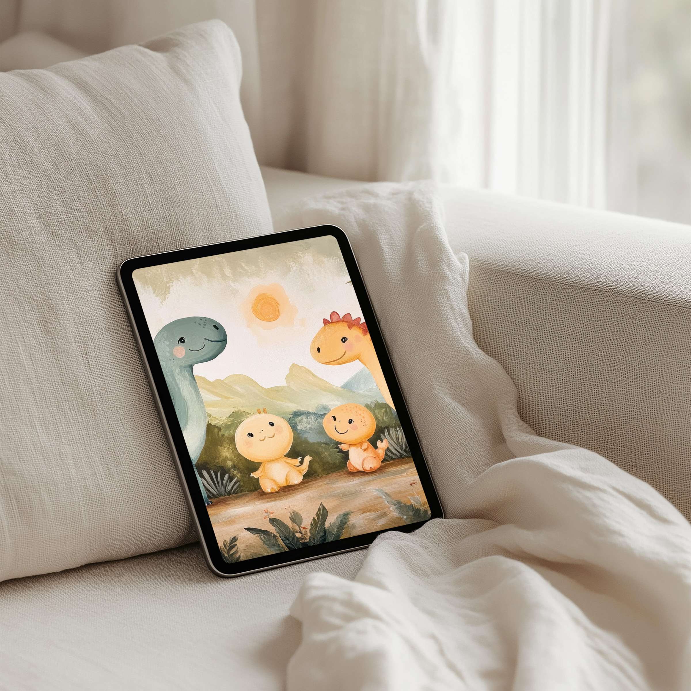 Charming dinosaur art iPad background evokes calm and inspiration for tablets with instant download for mindful aesthetics