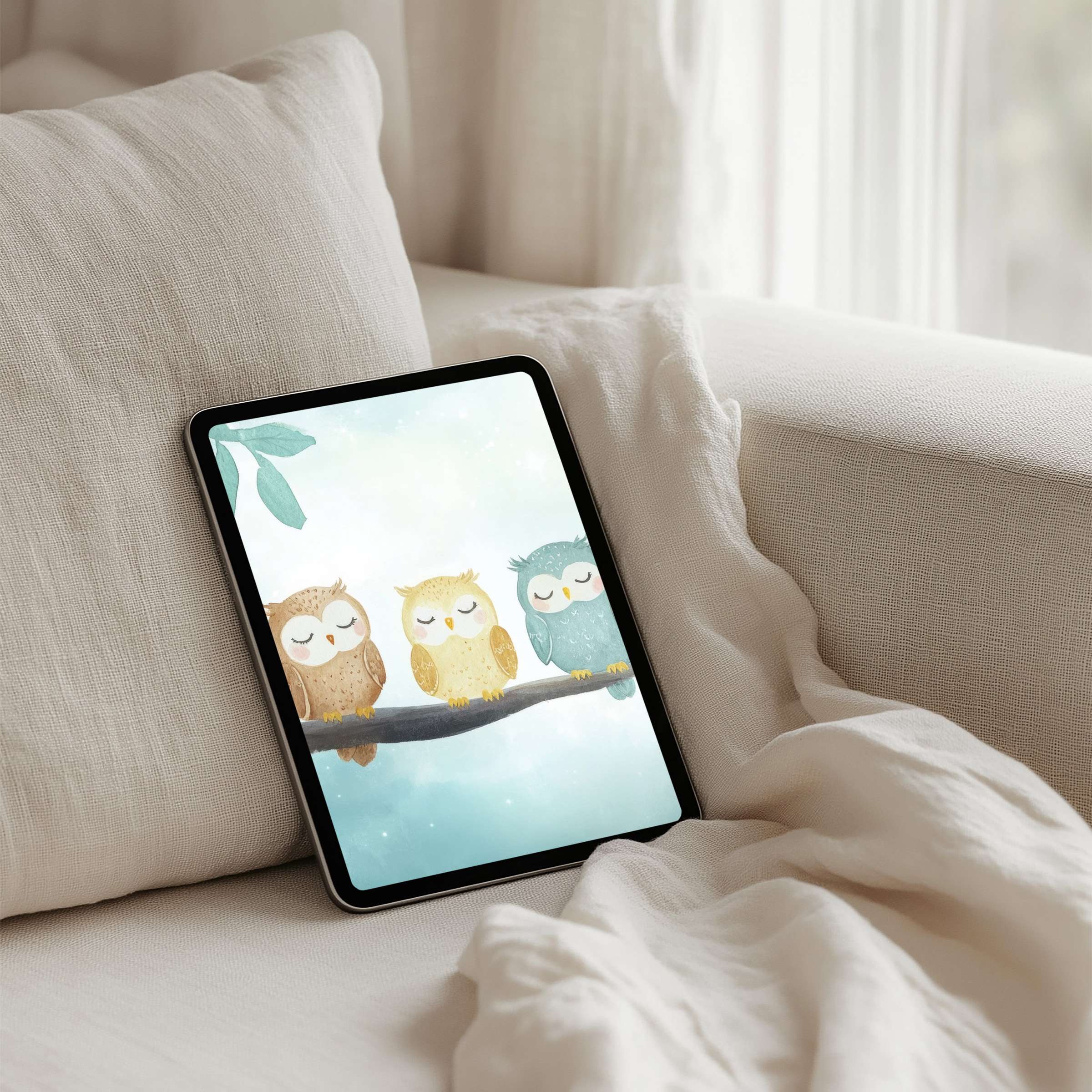 Charming owl trio on a pastel branch iPad background for instant download brings calm elegance to any tablet setting