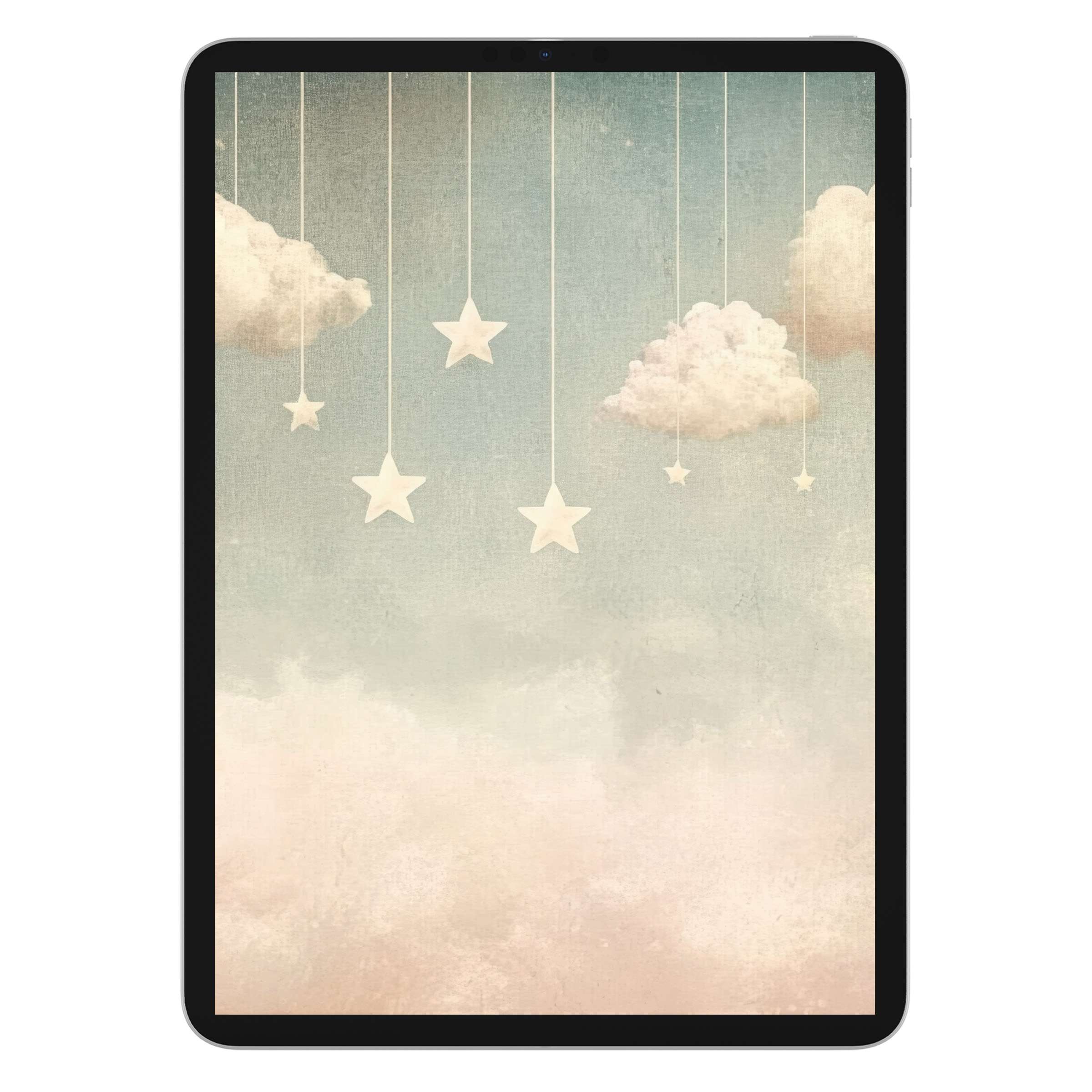 Dreamy nursery iPad wallpaper featuring soft clouds and hanging stars on a soothing textured background perfect for digital download tablets