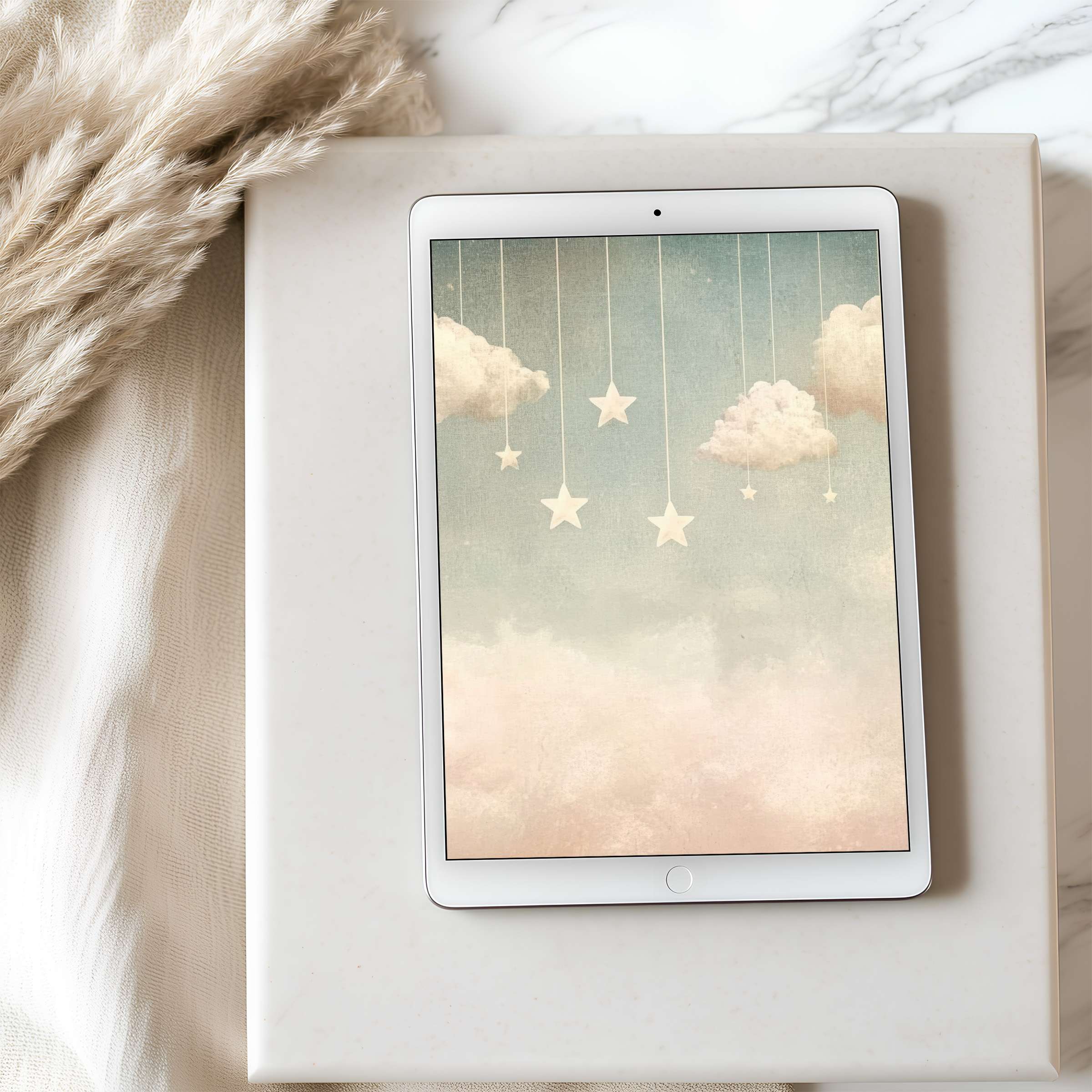 Dreamy tablet wallpaper featuring pastel clouds and stars in high resolution perfect for iPad or Android digital download