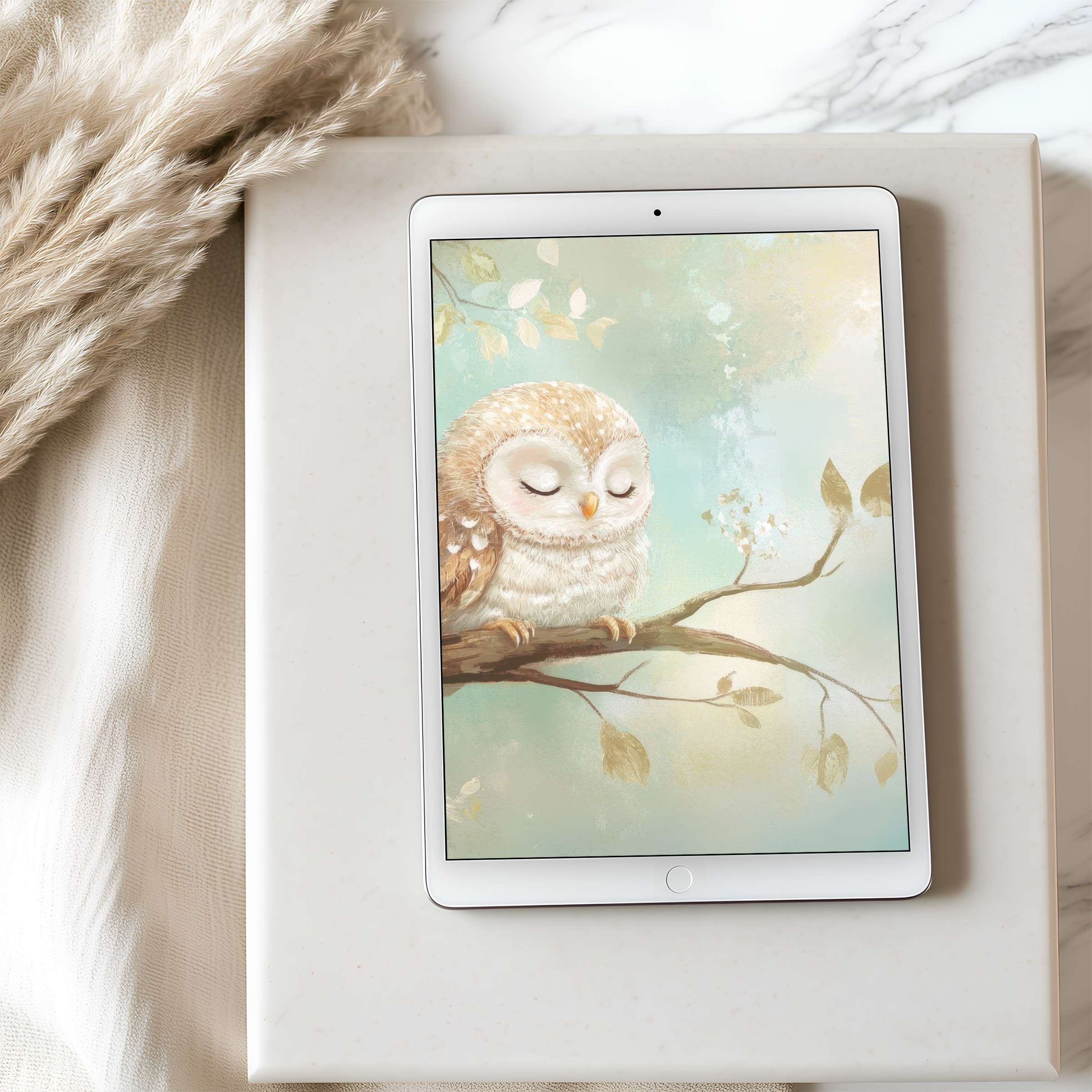 Serene tablet wallpaper featuring a soft-toned owl perched on a branch, perfect for high resolution iPad to inspire tranquility and elegance