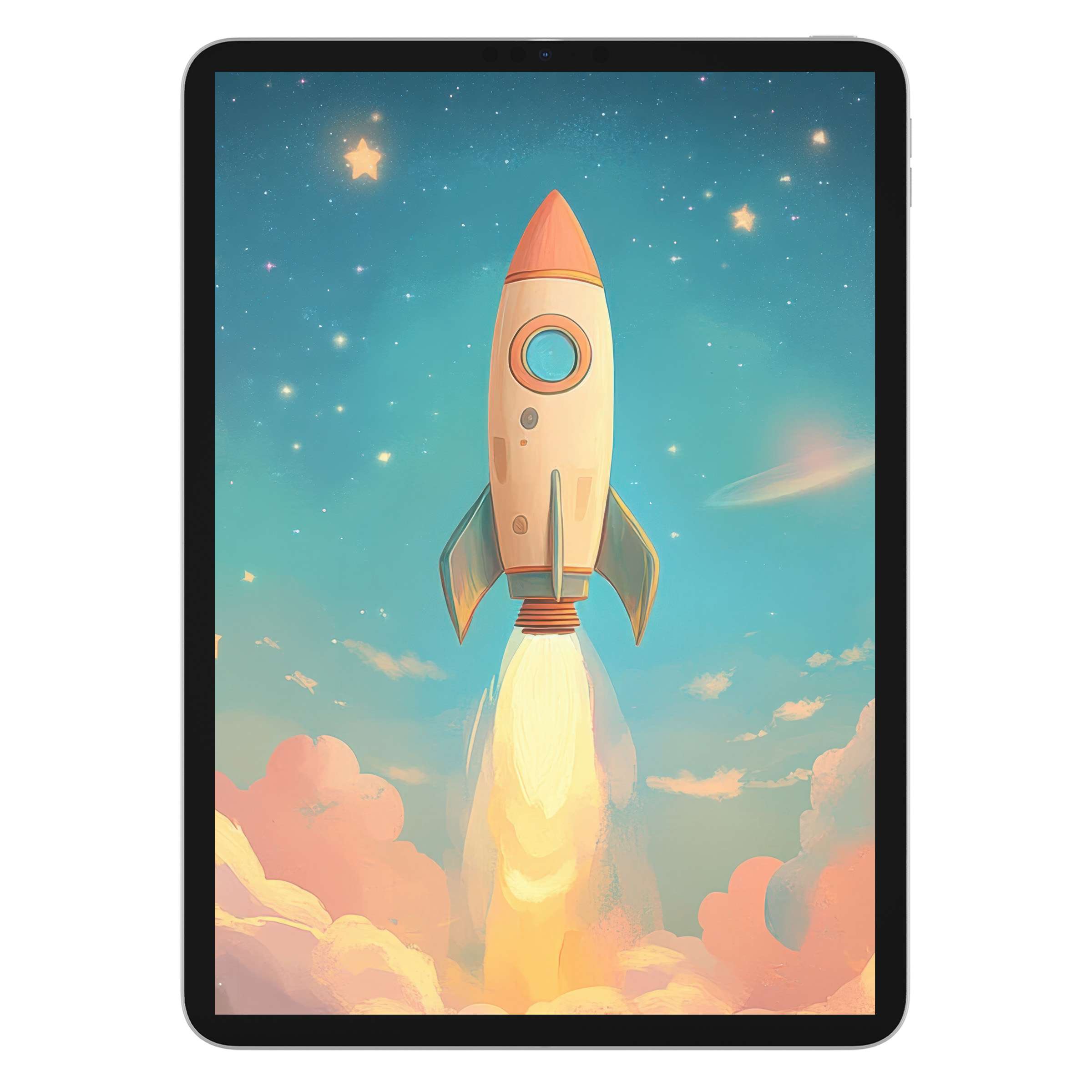 Dreamy rocket-themed nursery iPad wallpaper in pastel skies, inspiring digital download suitable for tablet background and serenity