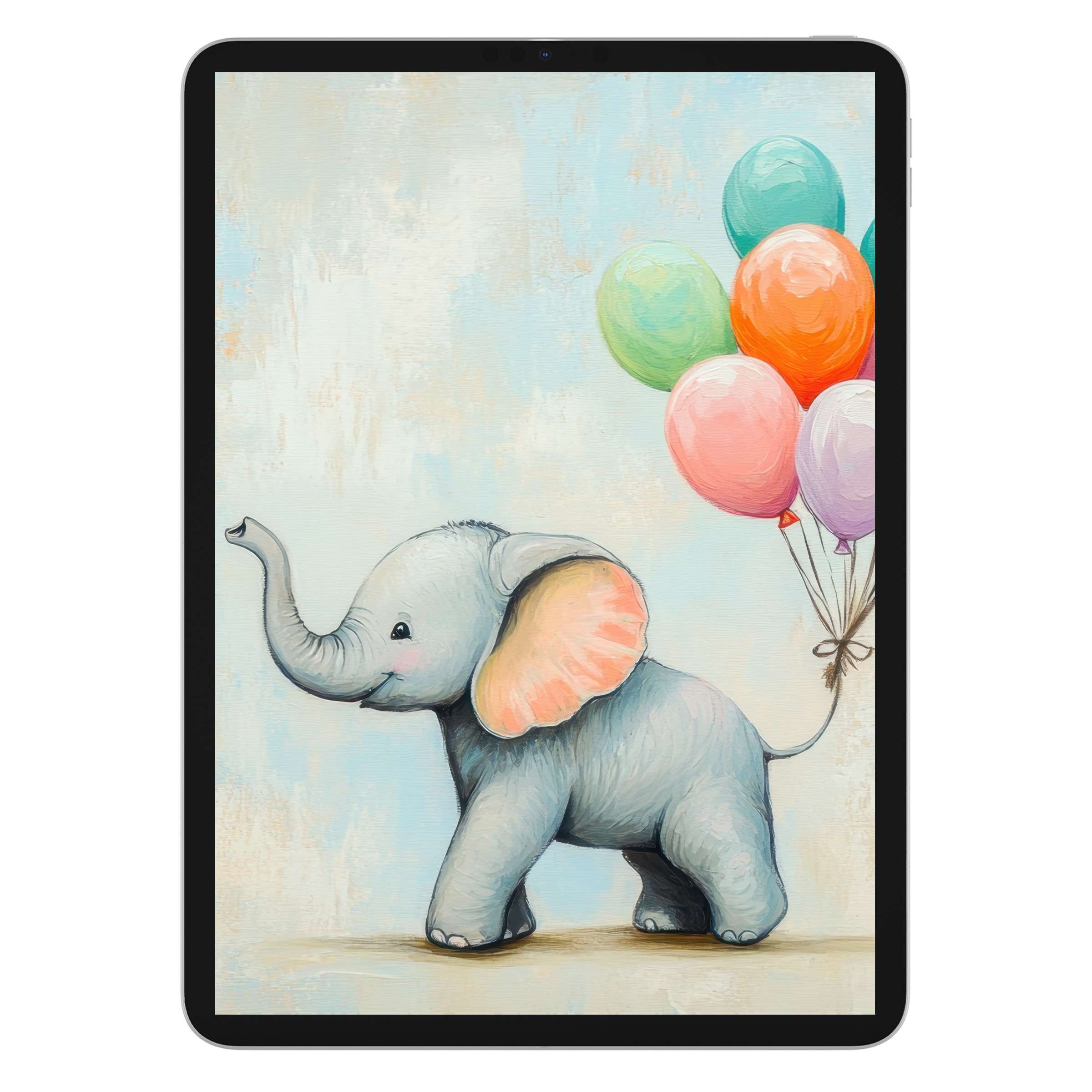 Charming nursery iPad wallpaper featuring a whimsical elephant with pastel balloons as a digital download for tablet background art