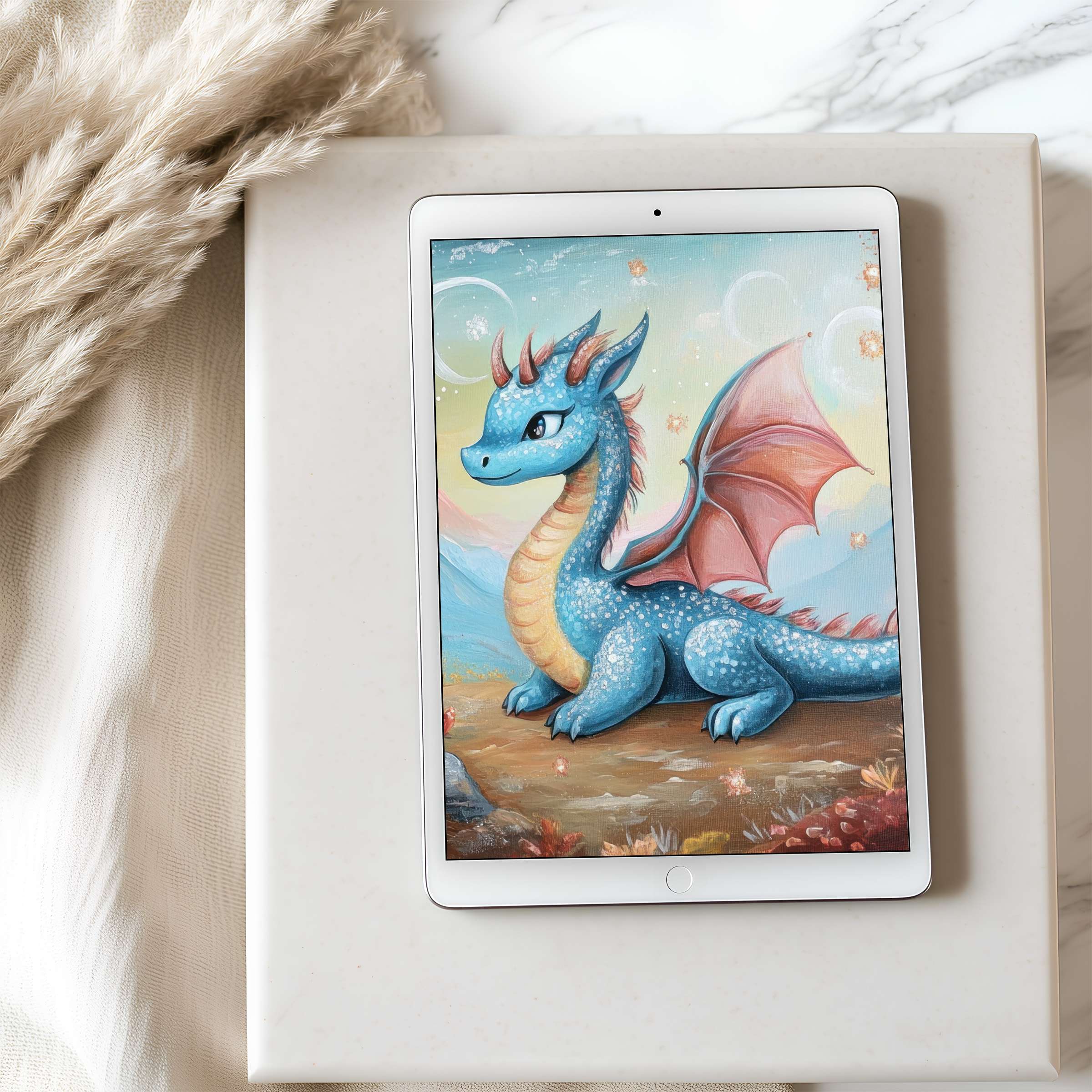 Captivating dragon-themed tablet wallpaper in high resolution complements serene spaces, ideal for iPad or Android download, enhancing tranquility