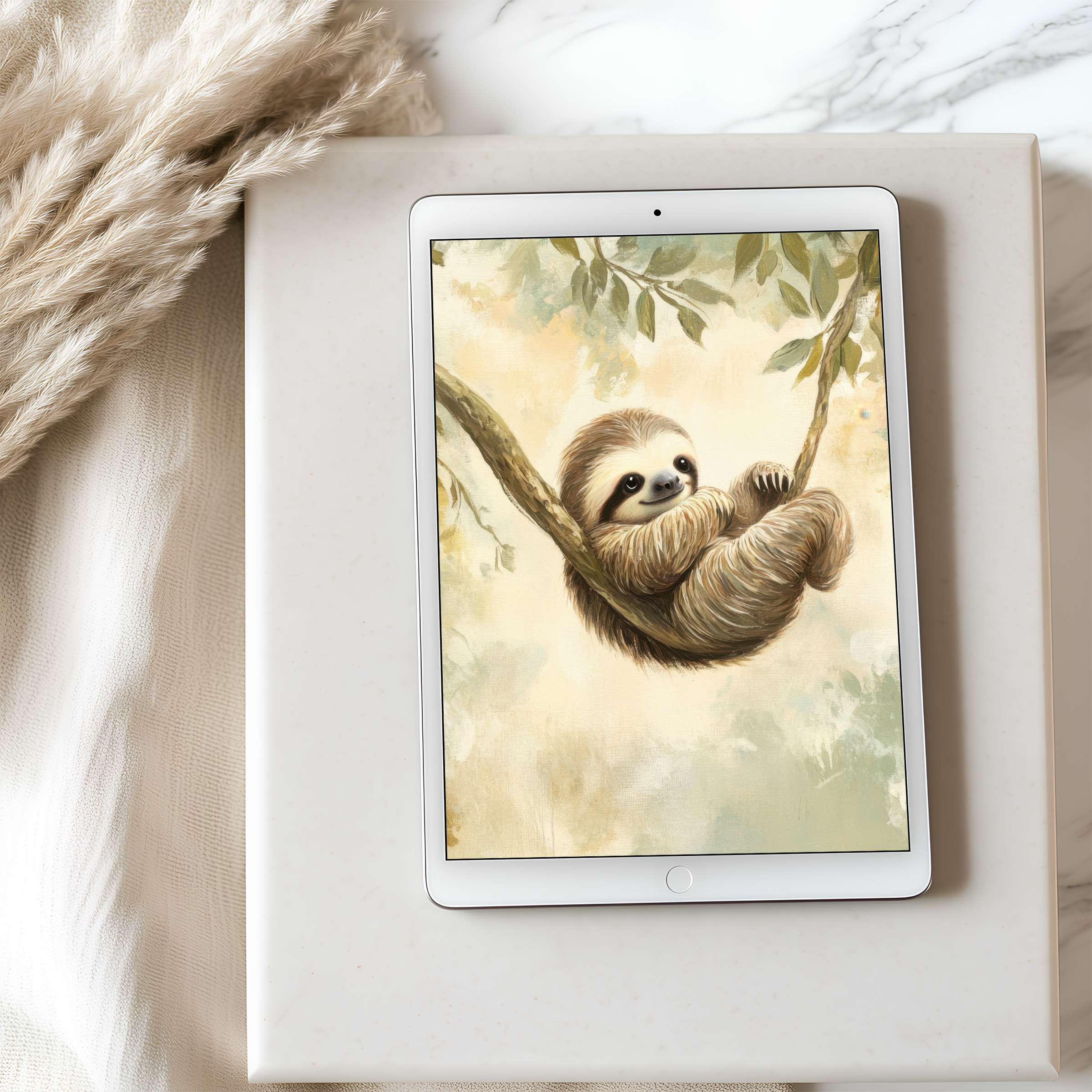 Elegant sloth artwork tablet wallpaper in soft neutrals, perfect for iPad high resolution, inspiring calmness and sustainability, digital download