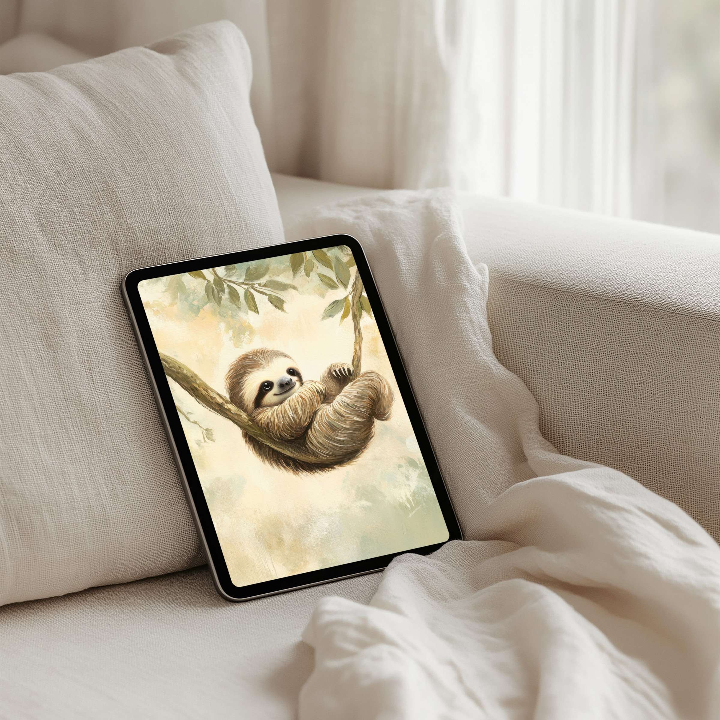 Tranquil sloth art iPad background for instant download brings calm elegance to any tablet setting inspiring mindfulness and serenity