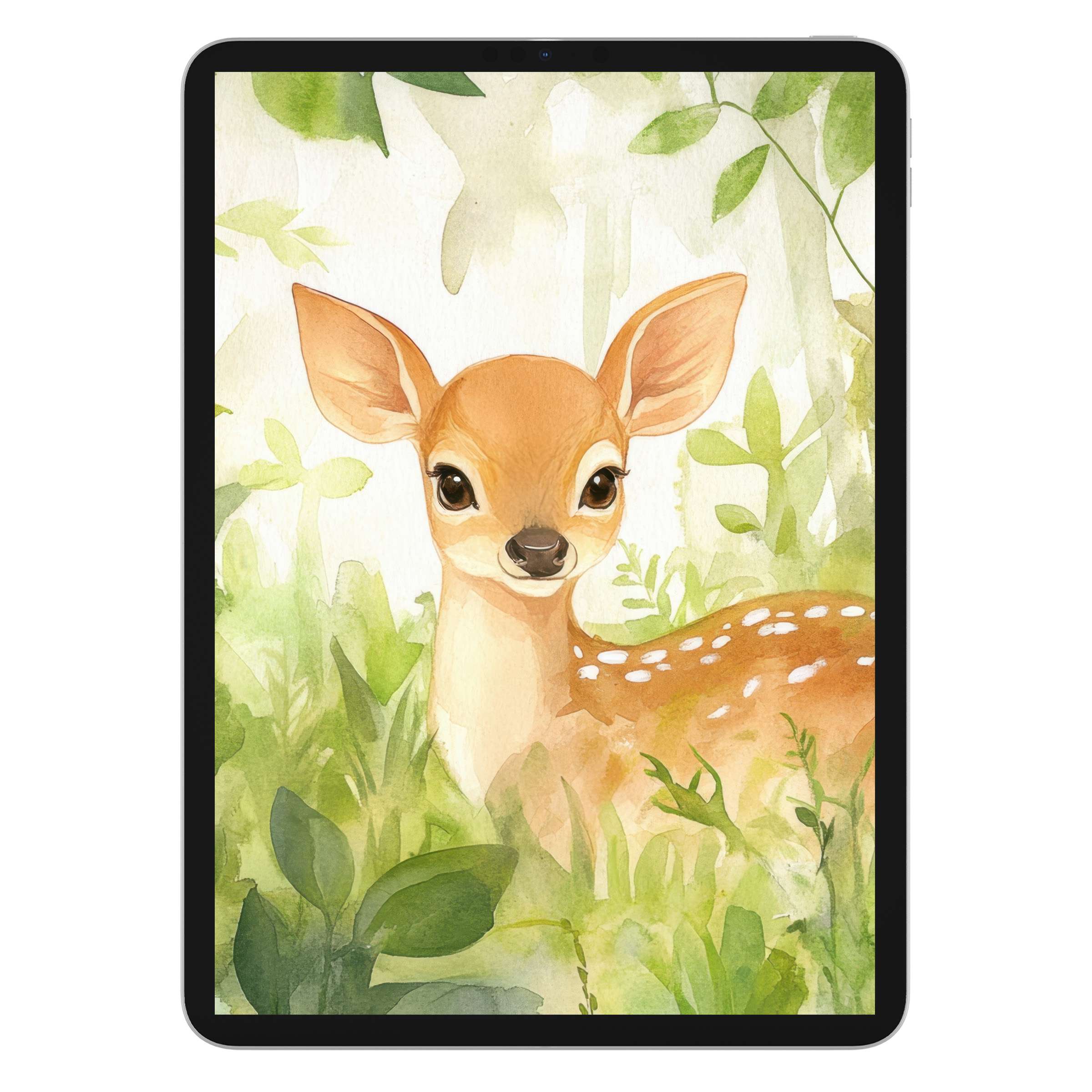 Serene nursery iPad wallpaper featuring a watercolor fawn in lush green foliage, ideal as a calming digital download tablet background