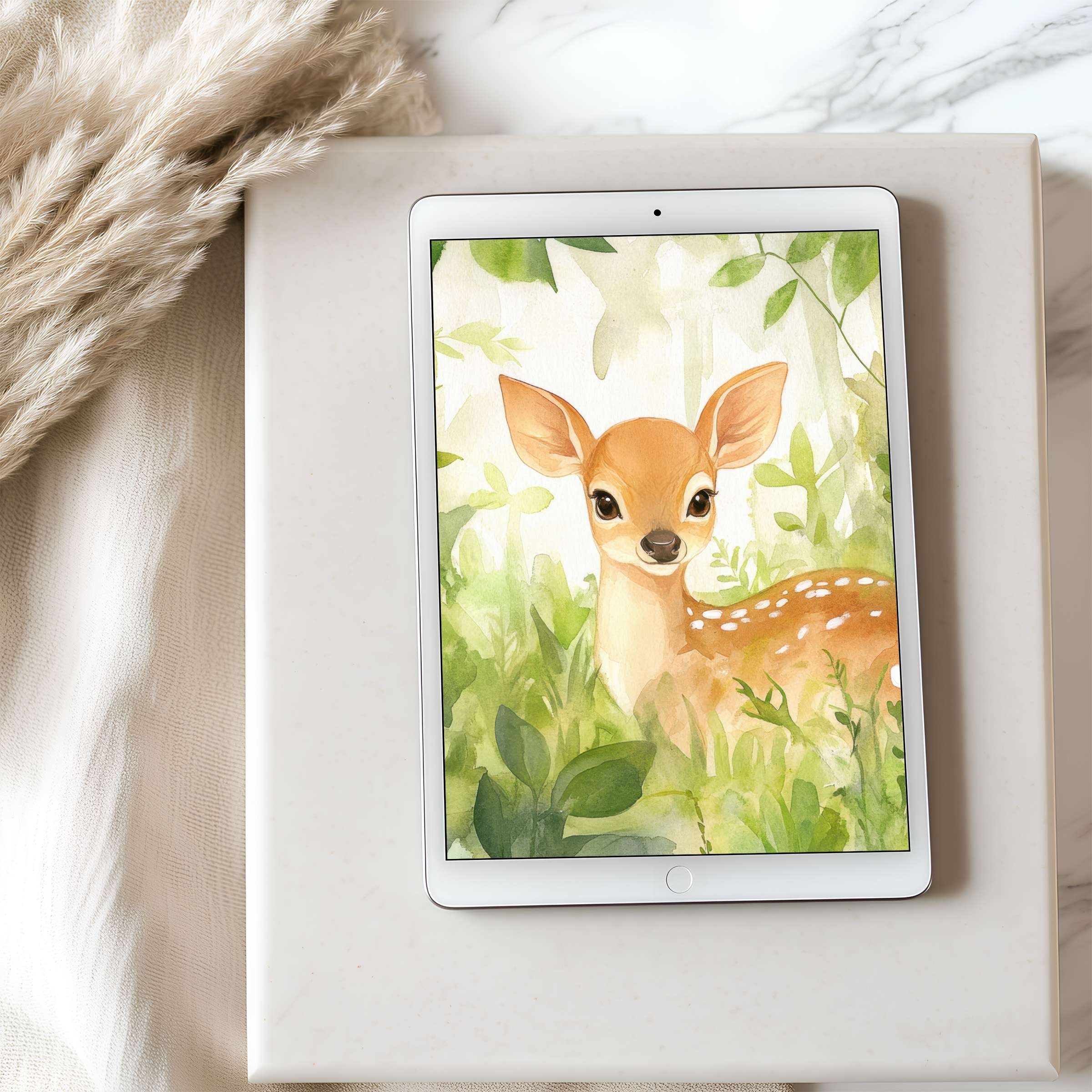 Charming tablet wallpaper featuring a serene watercolor deer in lush greenery enhances any iPad with elegant, high-resolution design