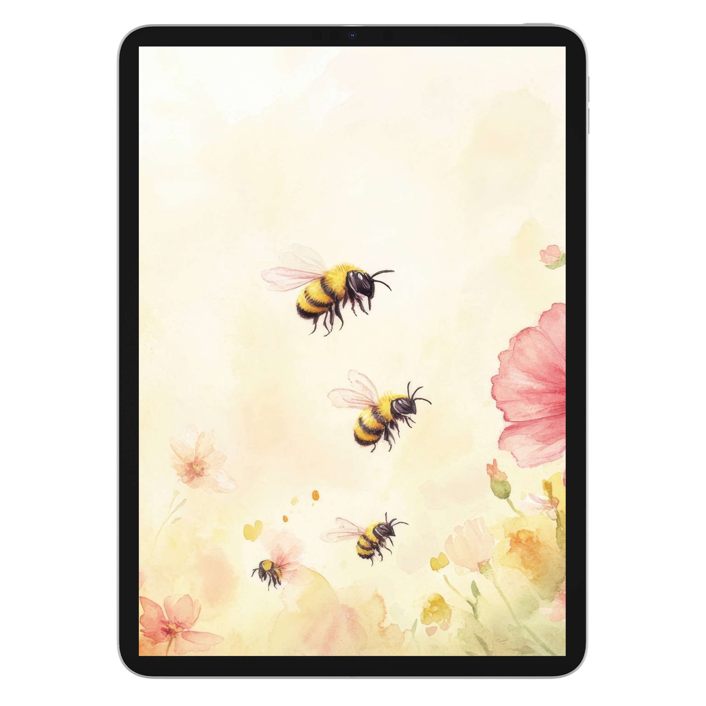 Calming watercolor bees and flowers design for nursery iPad wallpaper digital download, perfect tablet background for a serene setting