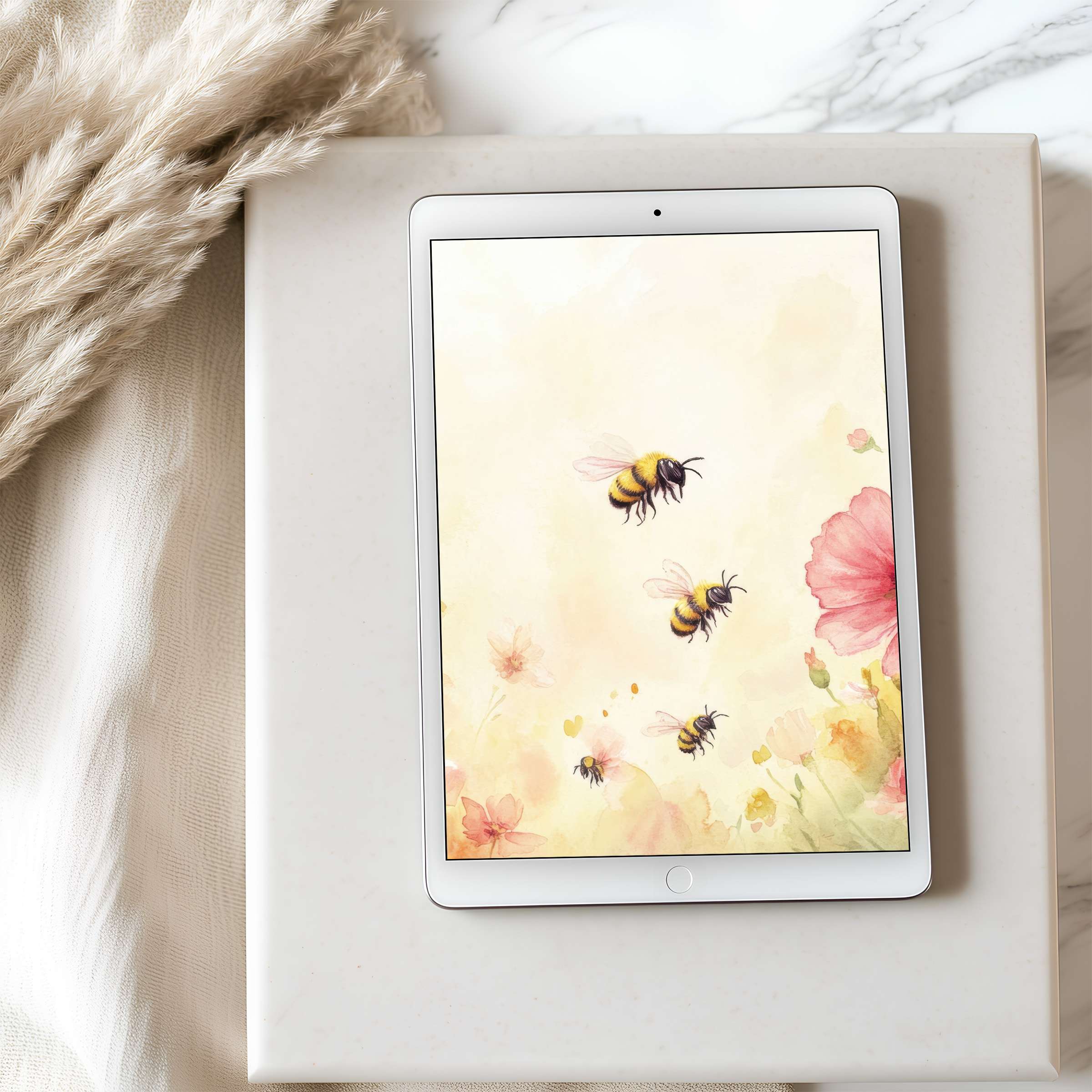 Serene watercolor bee and floral motif tablet wallpaper enhances your iPad with calming elegance, perfect for digital download