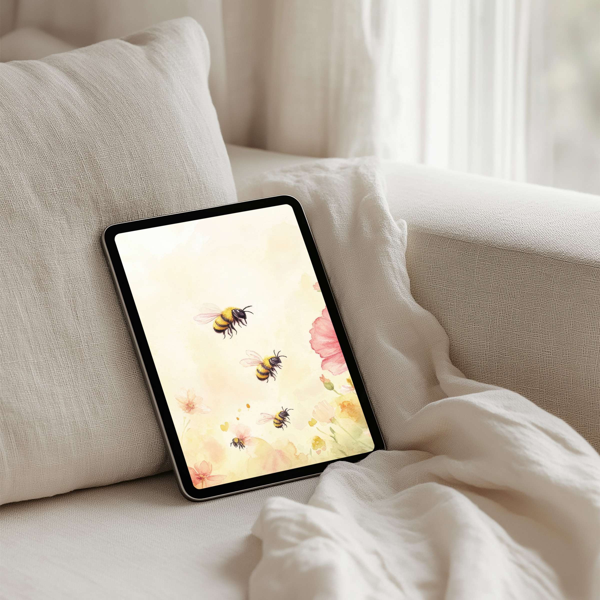 Elegant watercolor bees and flowers iPad background brings calm and inspiration to your tablet instant download for design lovers
