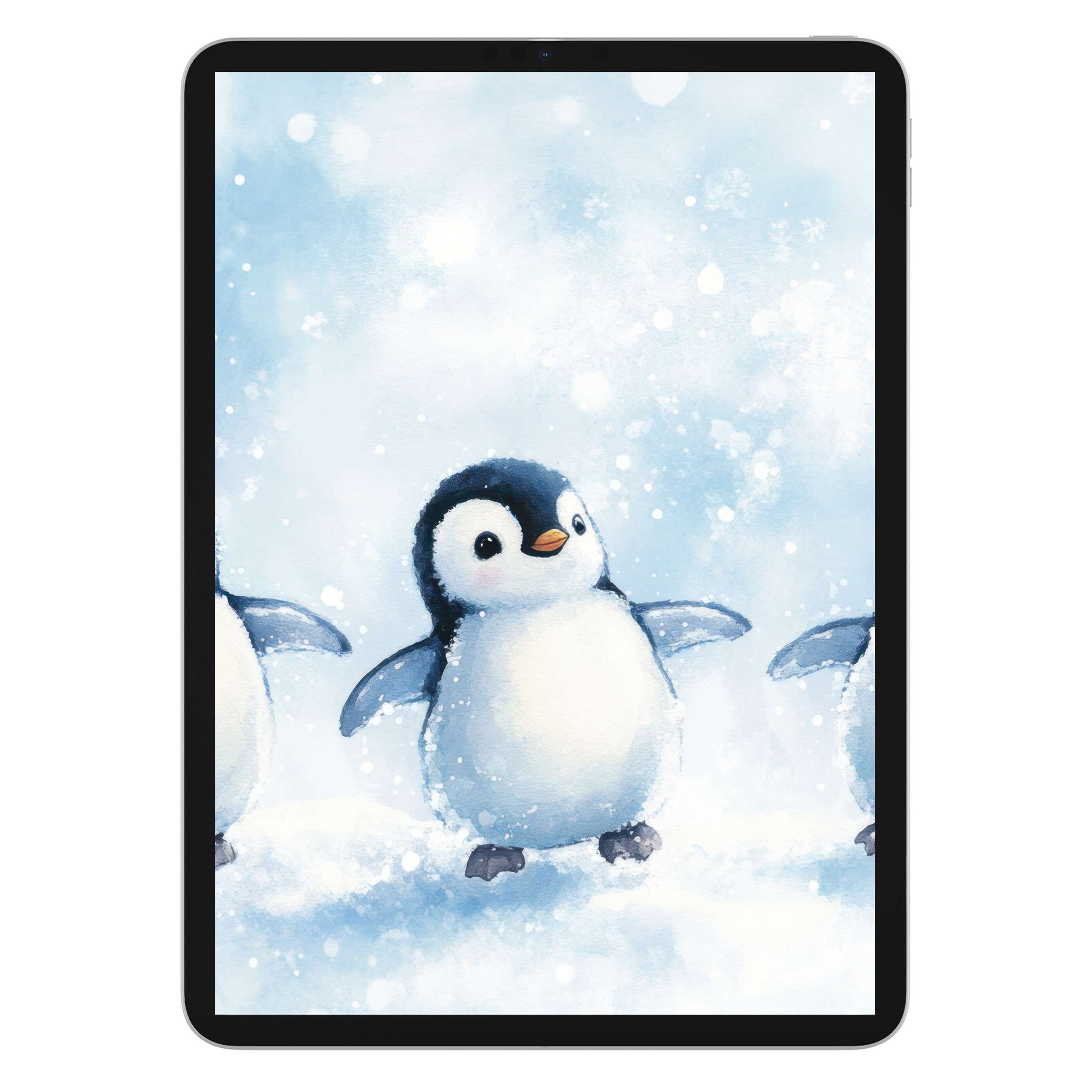 Charming nursery iPad wallpaper featuring a cute penguin in pastel snow art, perfect digital download background for any tablet
