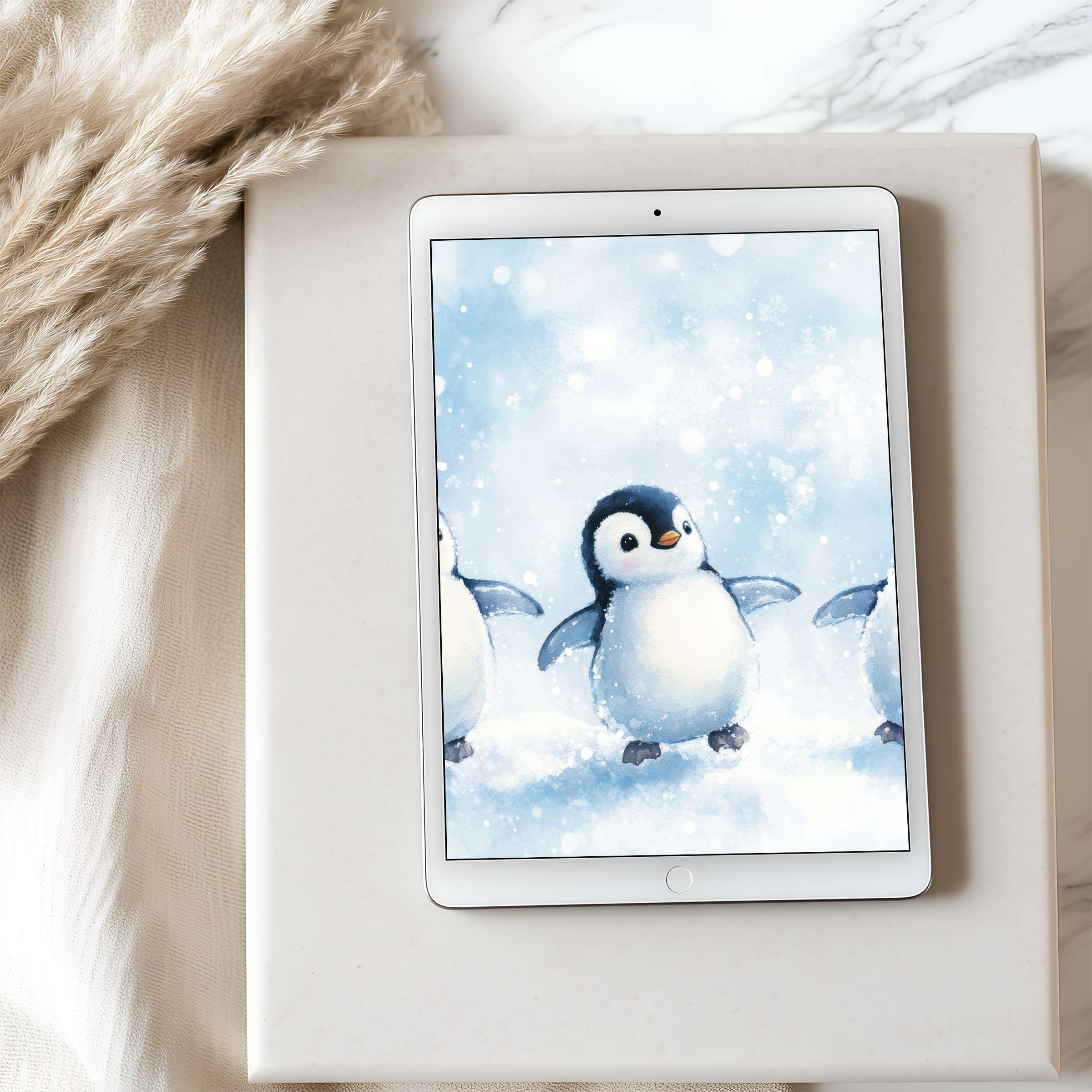 Charming penguin tablet wallpaper in serene blue hues offers a high-resolution digital download perfect for sustainable decor upgrade
