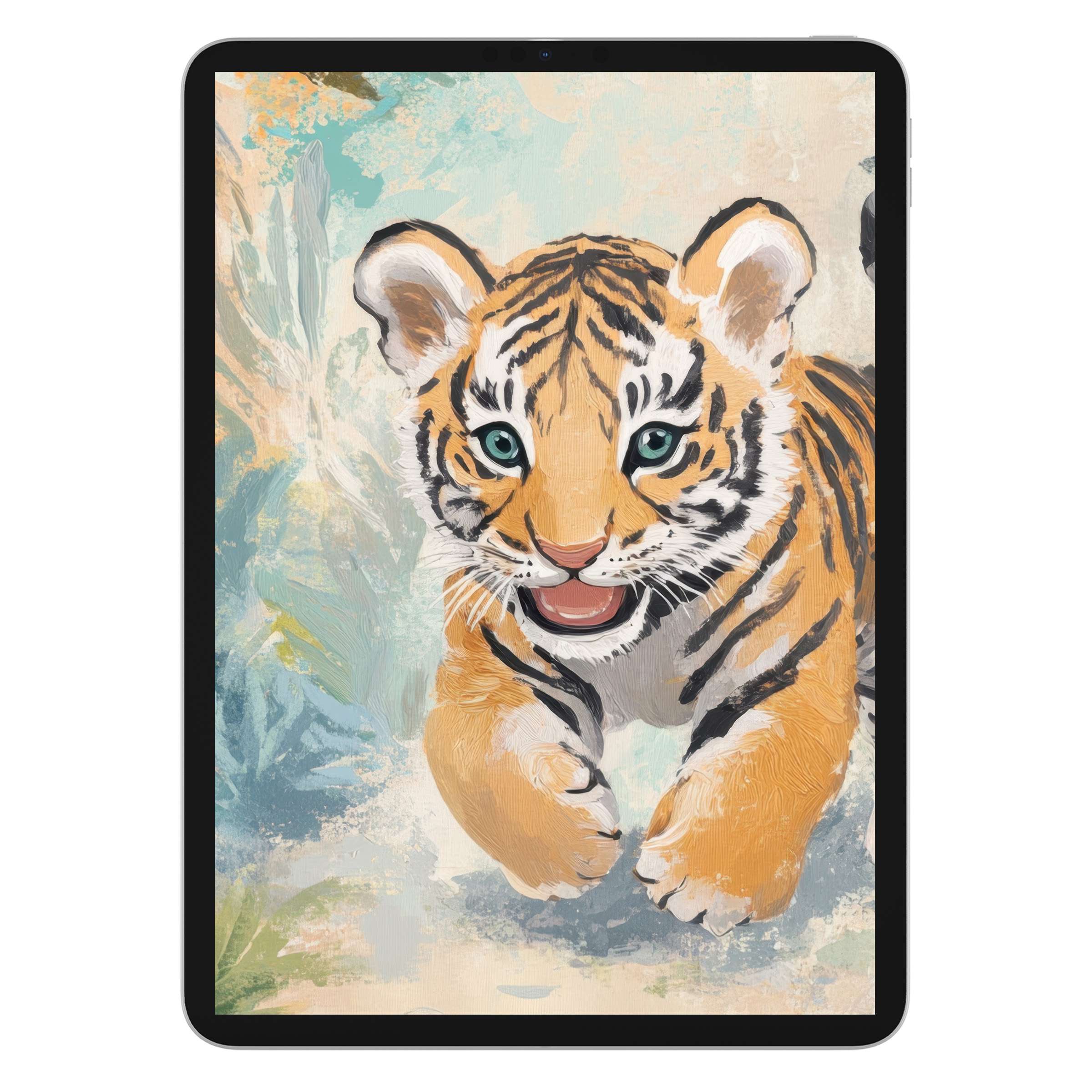 Charming tiger cub painting creates a serene nursery iPad wallpaper, perfect for tablet background digital download, vivid and calming