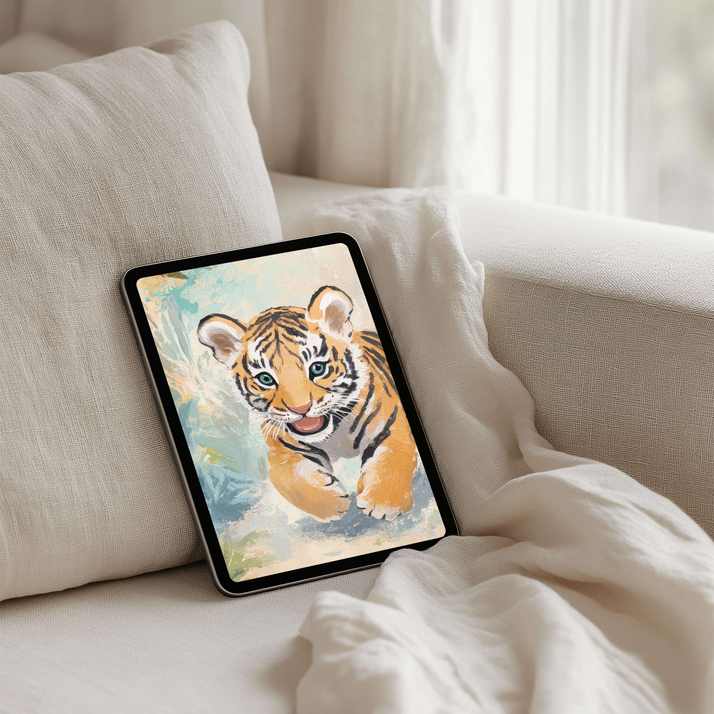 Charming tiger cub digital painting as iPad background offers instant download for tablet mindfulness seamlessly blending elegance and calm
