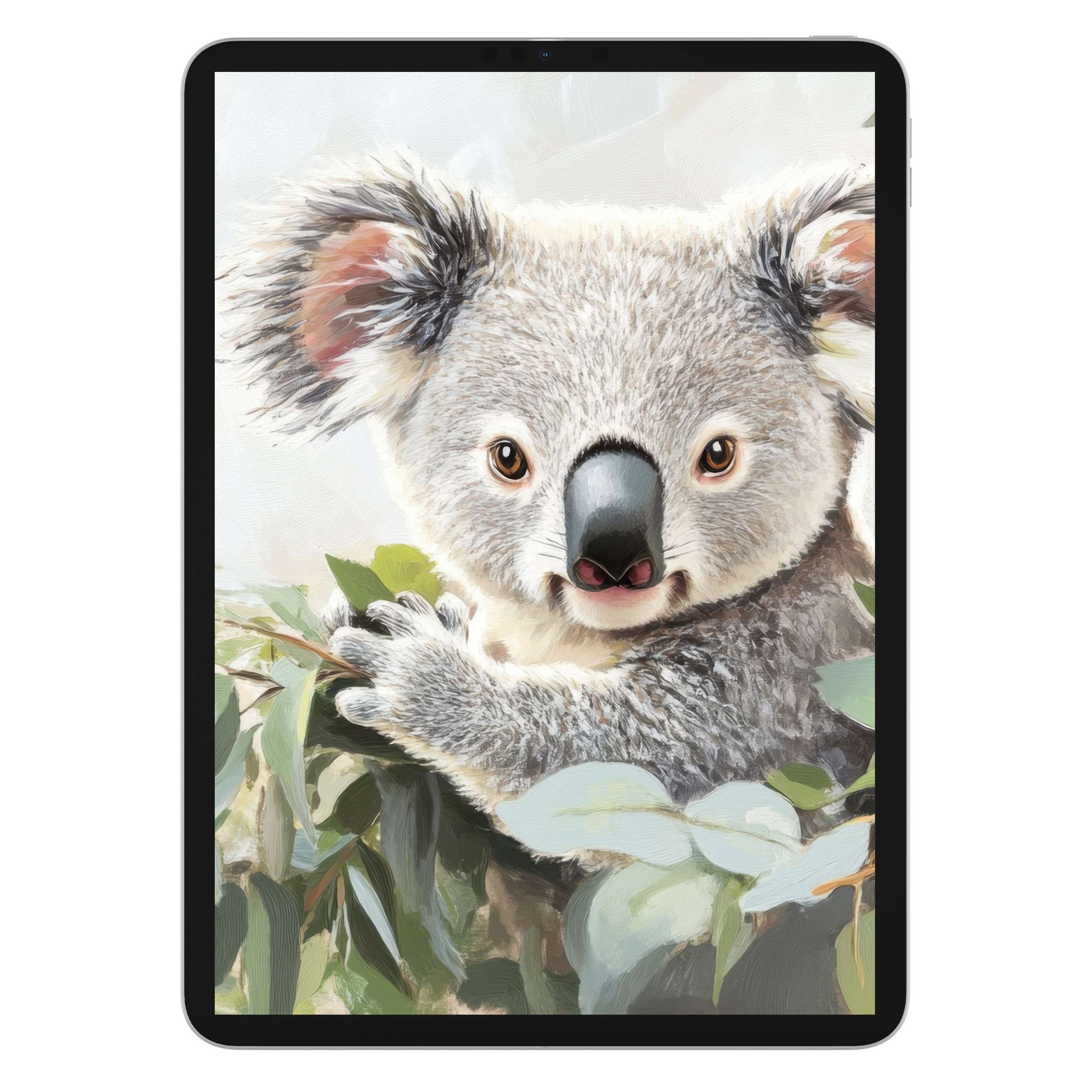 Charming koala digital download nursery iPad wallpaper for a serene tablet background with gentle colors and artistic brushstroke style