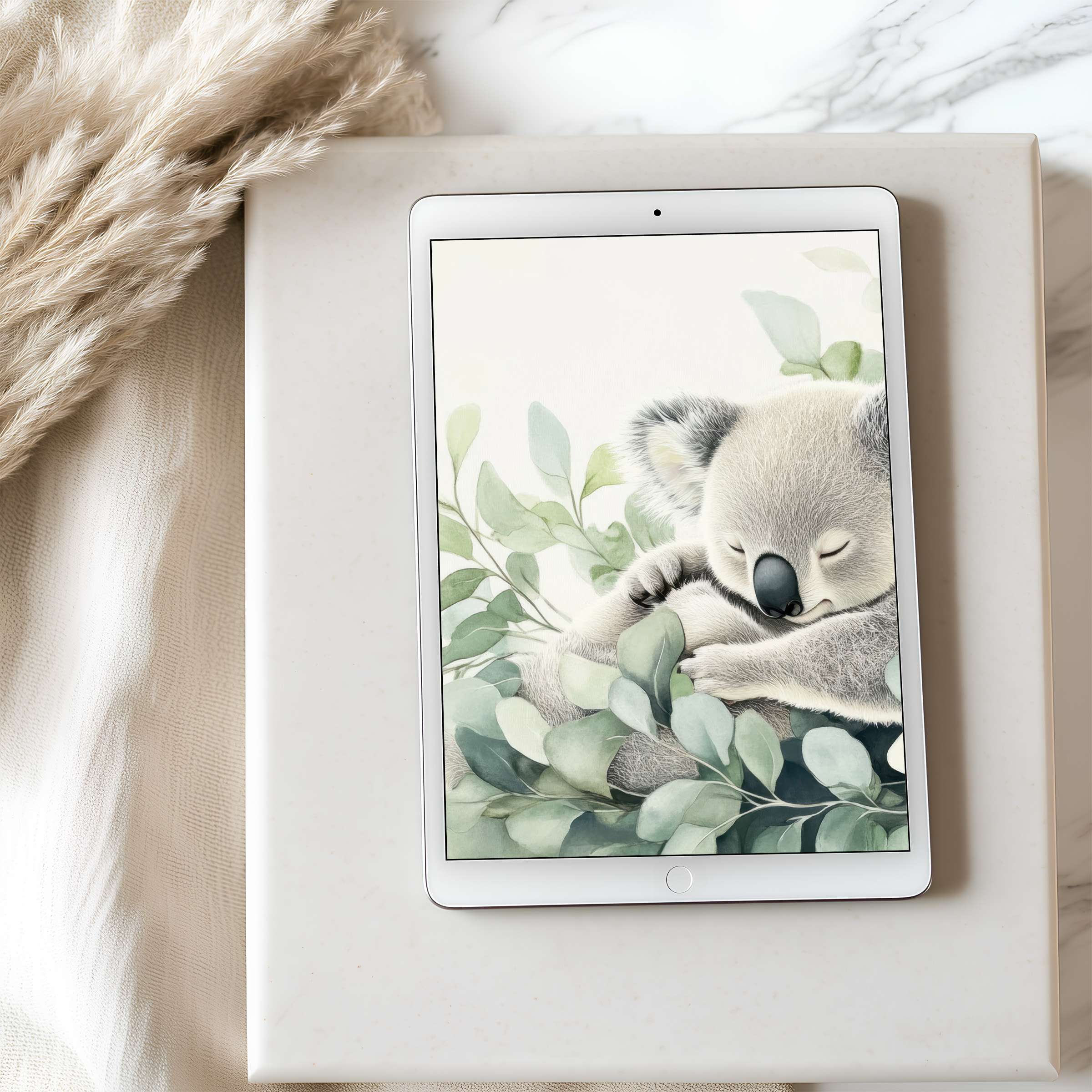 Serene koala nestled in lush greenery embodies tranquil elegance on this high-resolution tablet wallpaper perfect for iPad and Android download
