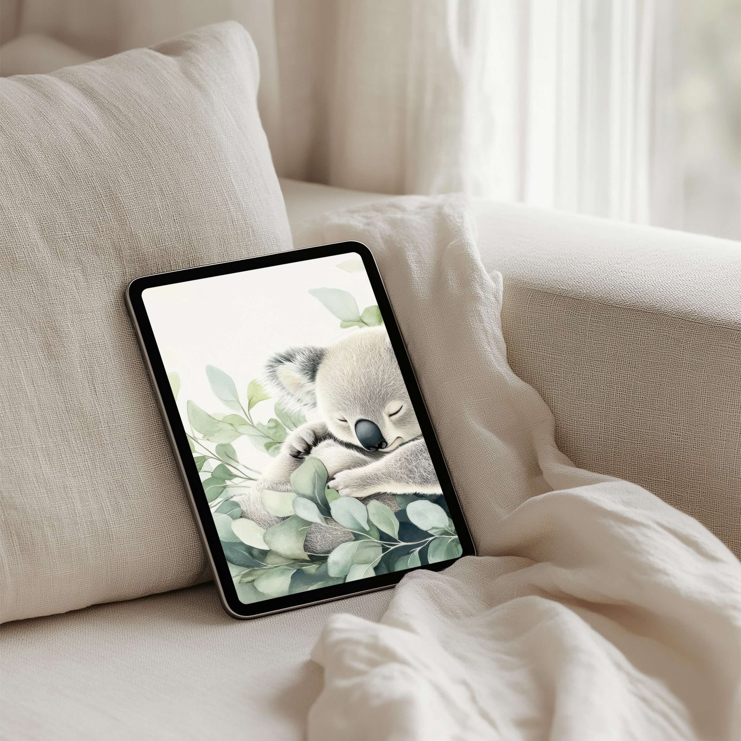 Serene watercolor koala on eucalypt leaves as an iPad background offers instant download for any tablet inspiring calm and elegance