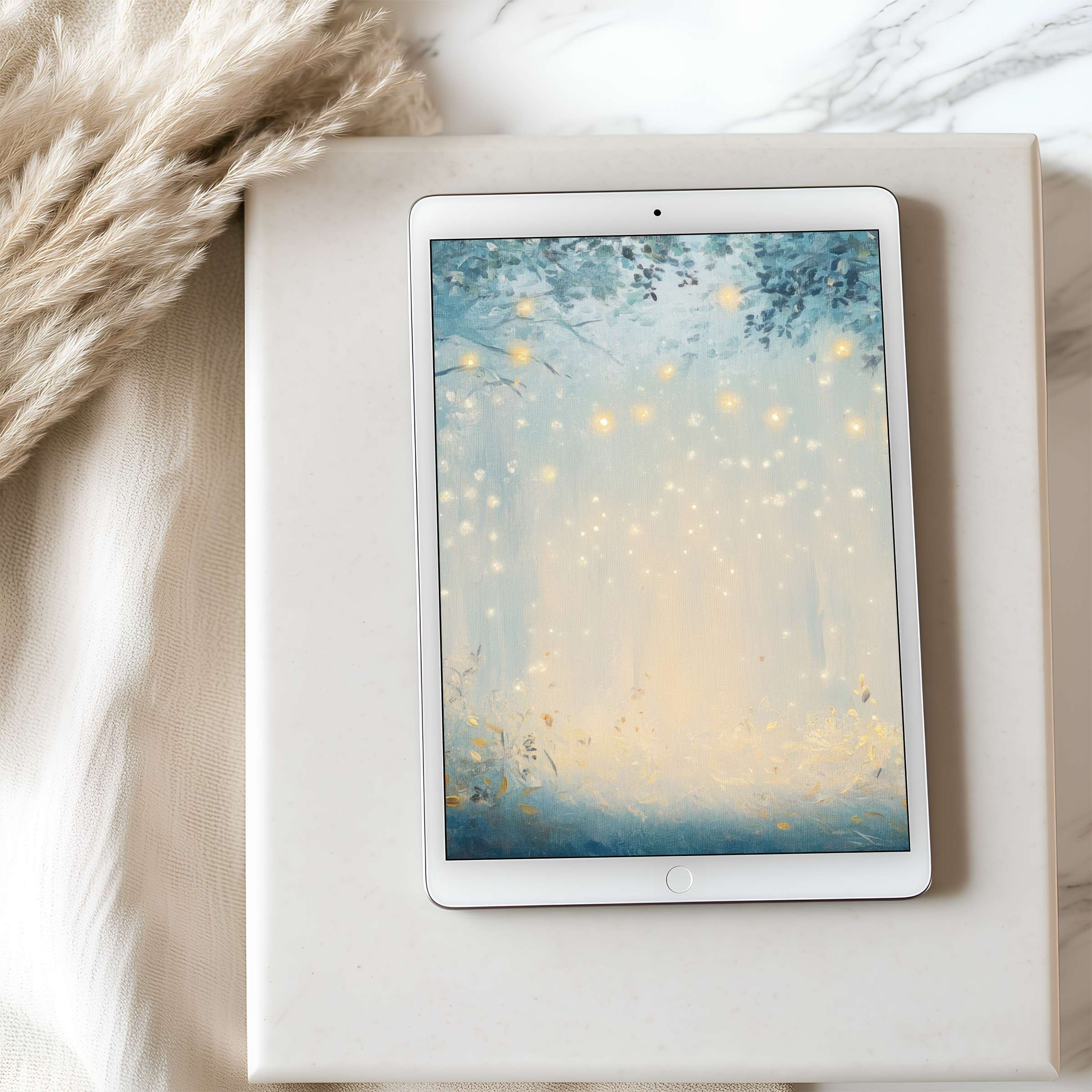 Elegant blue and gold forest-themed tablet wallpaper on iPad, offering a calming digital download for curated, high-resolution aesthetics