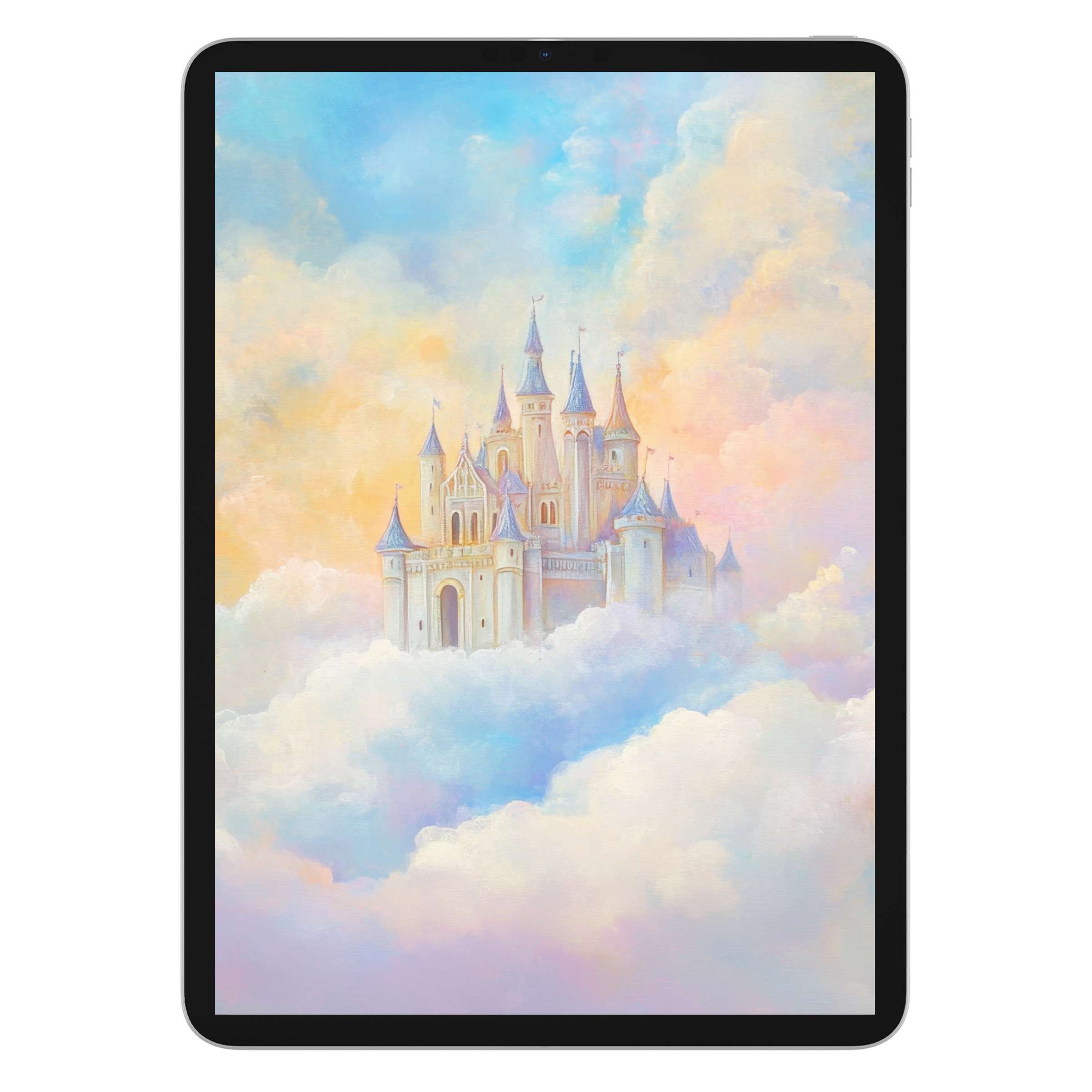 Ethereal castle in pastel clouds as nursery iPad wallpaper creates a serene digital download tablet background for calm spaces