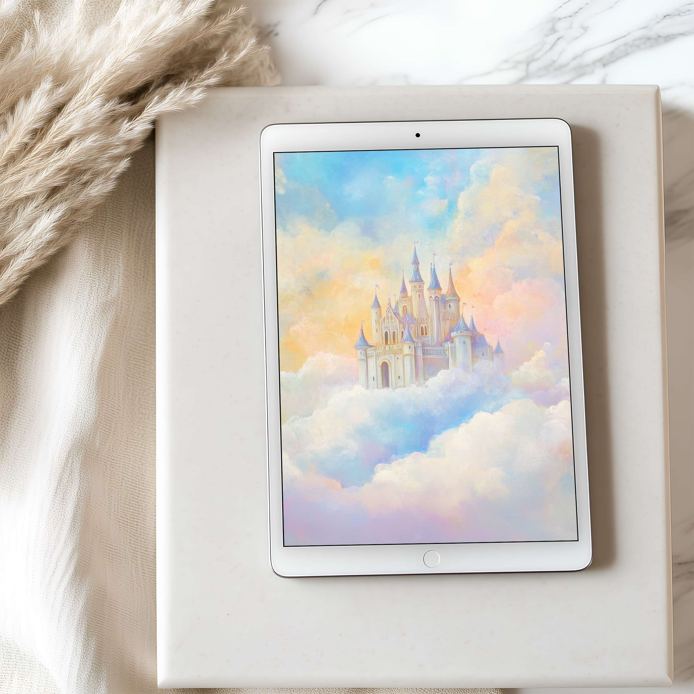 Ethereal castle in dreamy pastel clouds on high-resolution tablet wallpaper elevates your iPad or Android, perfect for digital download
