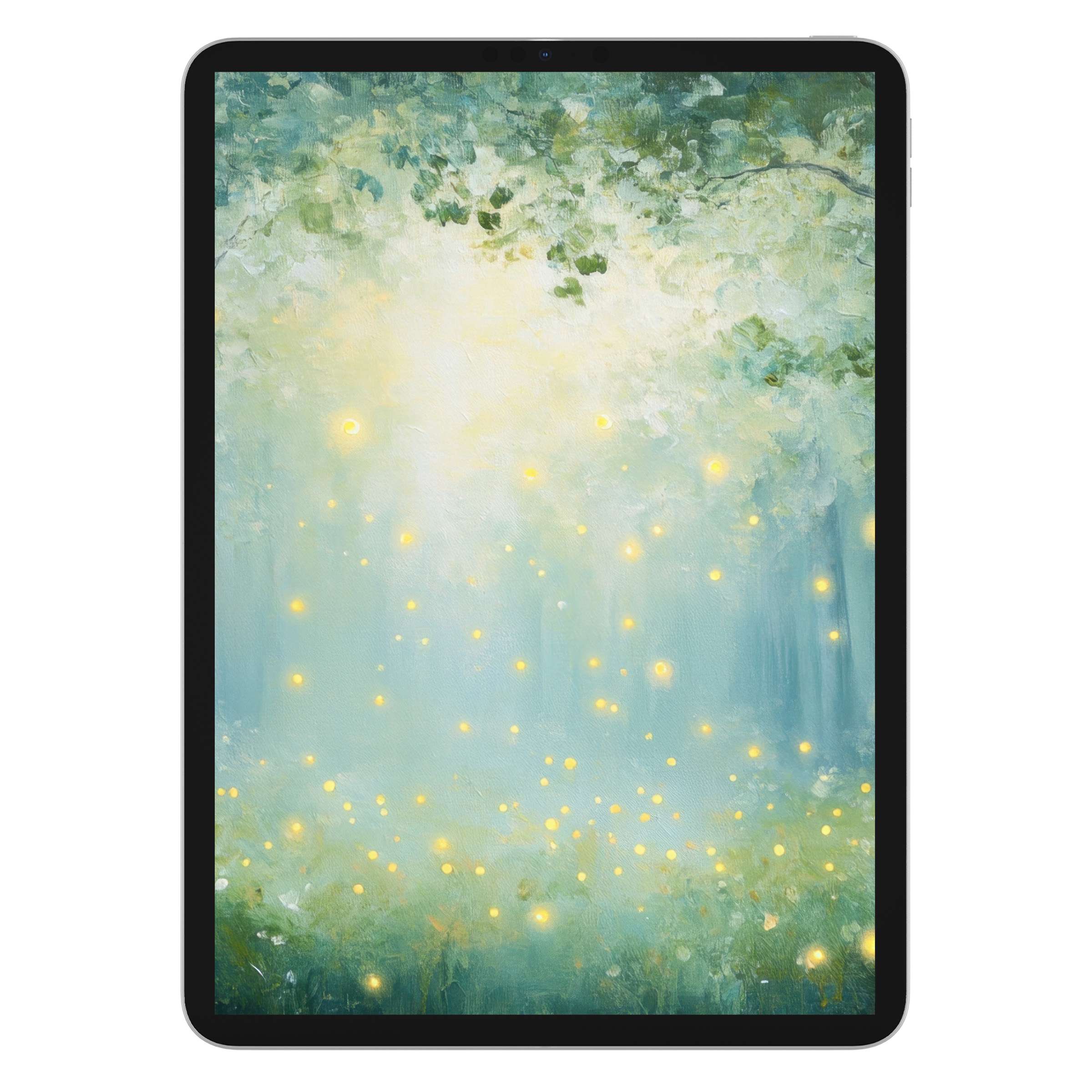 Dreamy nursery iPad wallpaper with serene forest glow, perfect digital download background for tablet elegance and tranquility