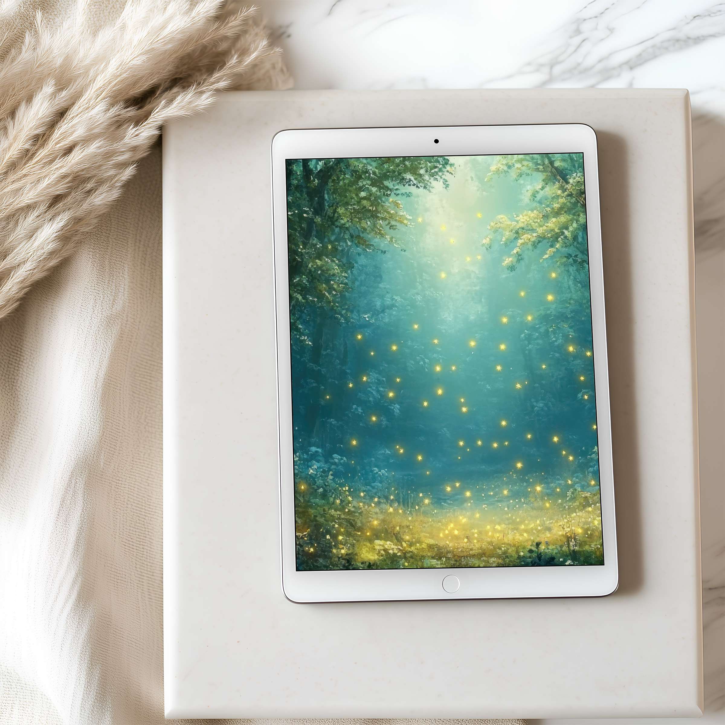 Enchanting forest scene tablet wallpaper enhances any iPad with serene, high resolution art perfect for calming digital download