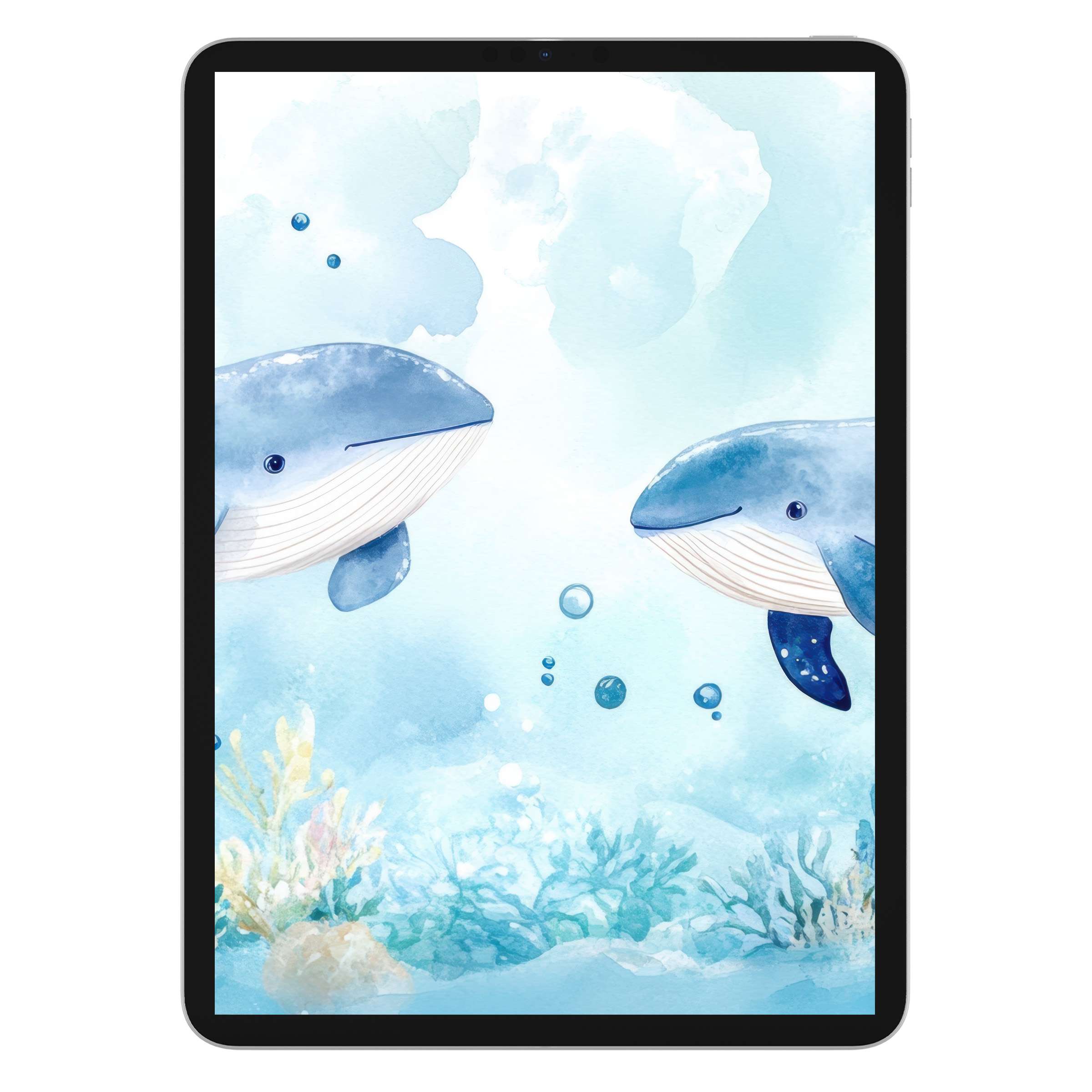 Whimsical watercolor whales create a serene nursery iPad wallpaper, perfect digital download tablet background for restful ambiance