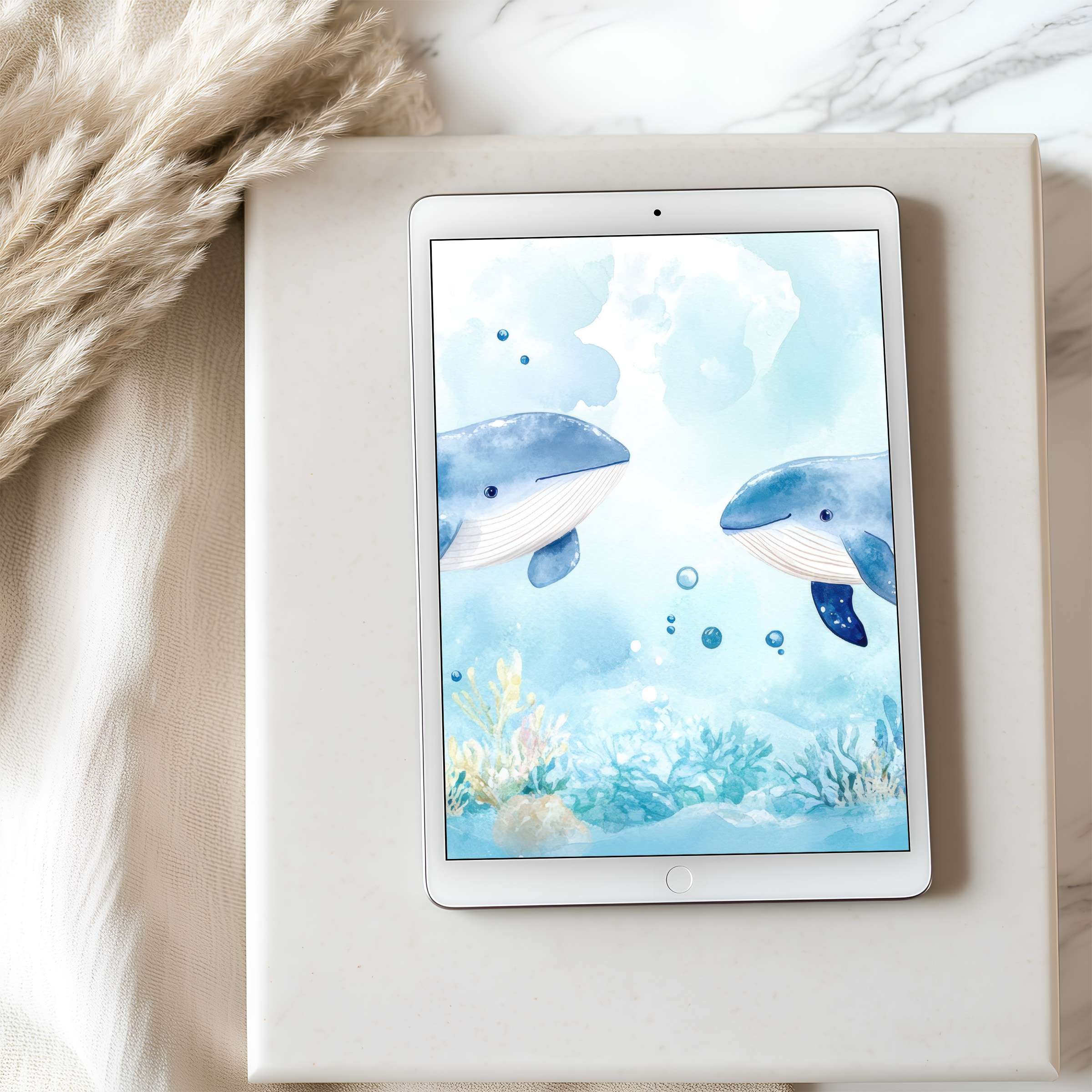Serene blue whale tablet wallpaper in watercolor hues, perfect for high-resolution iPad or Android, enhancing calm, eco-friendly interiors